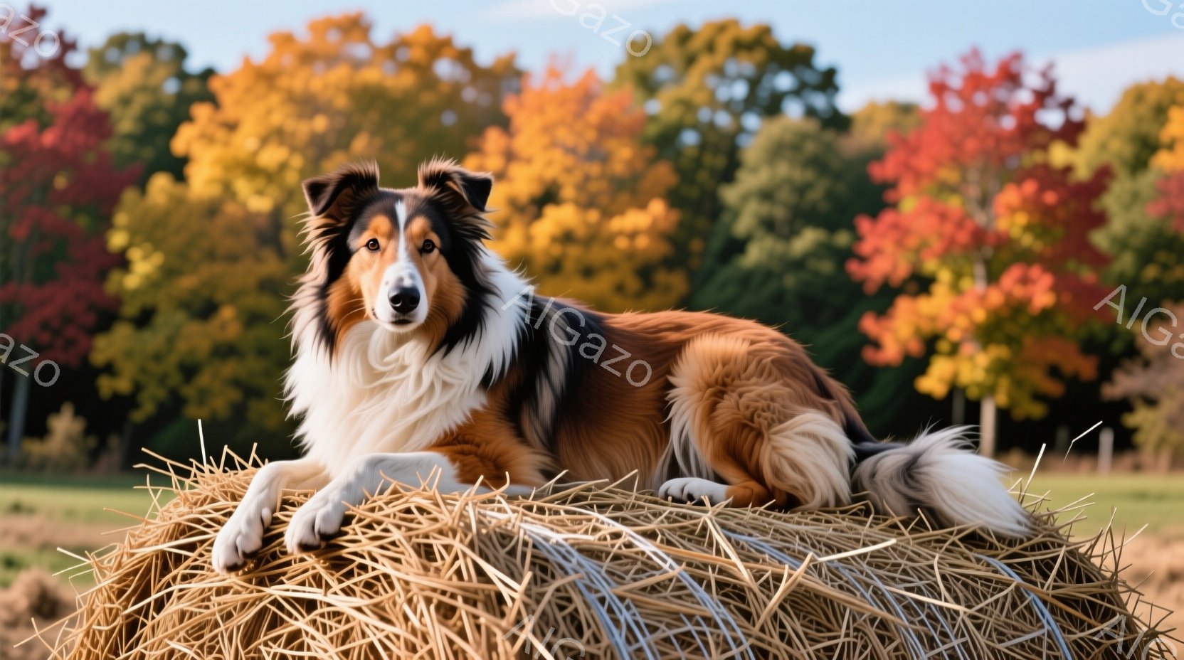 コリー犬が干し草の俵の上に横たわっています。毛並みは白、黒、茶色の美しい配色で、表情は穏やかでどこか自信に満ちています。背景には緑の草地と、赤や黄色の葉が輝く秋の森林が広がり、穏やかで牧歌的な雰囲気を醸し出しています。