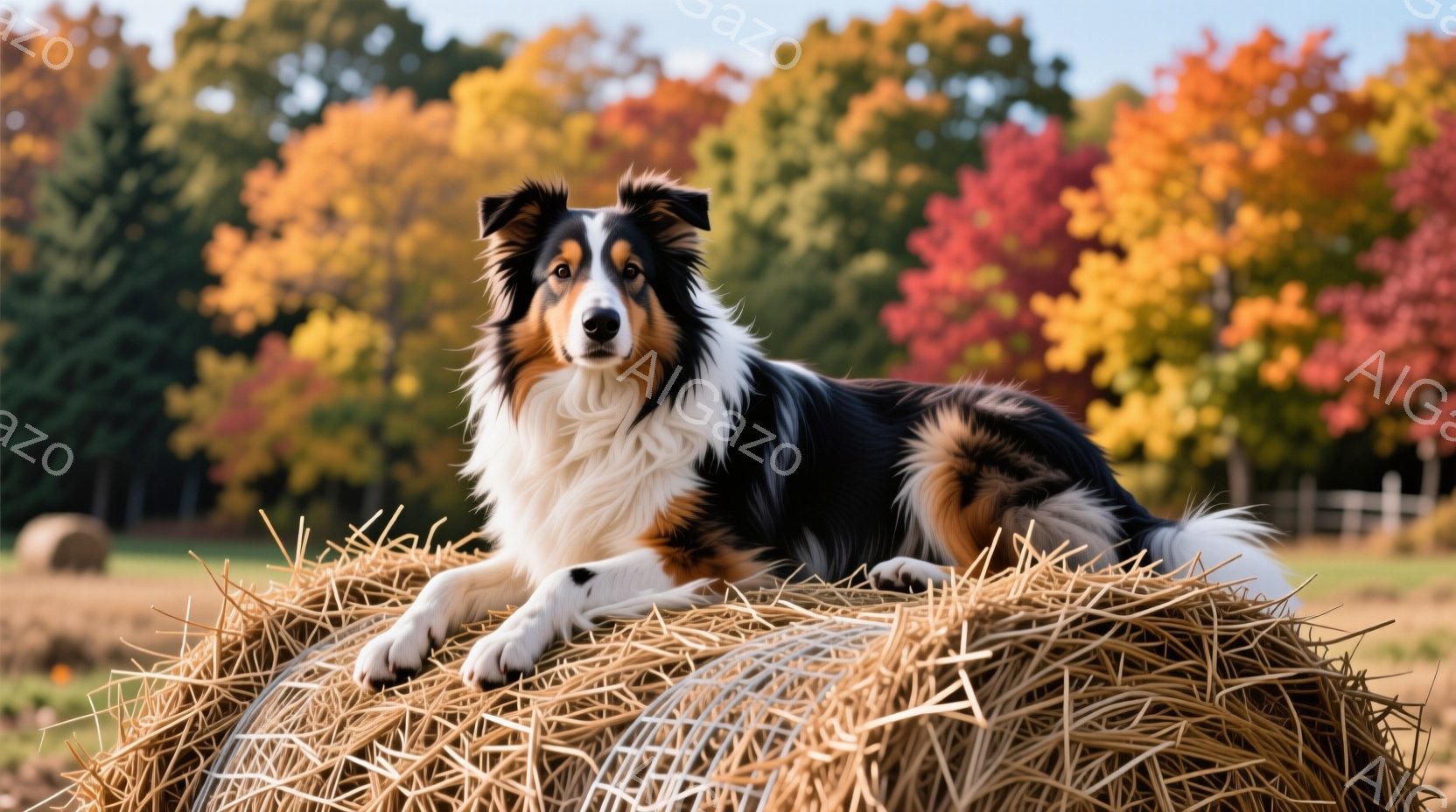 黒と白の毛並みが美しいボーダーコリーが、丸太のような干し草の上に優雅に横たわっています。秋の色彩豊かな木々が背景に広がり、穏やかな日差しが降り注いでいます。全体的に温かく、牧歌的な雰囲気が漂う一枚です。