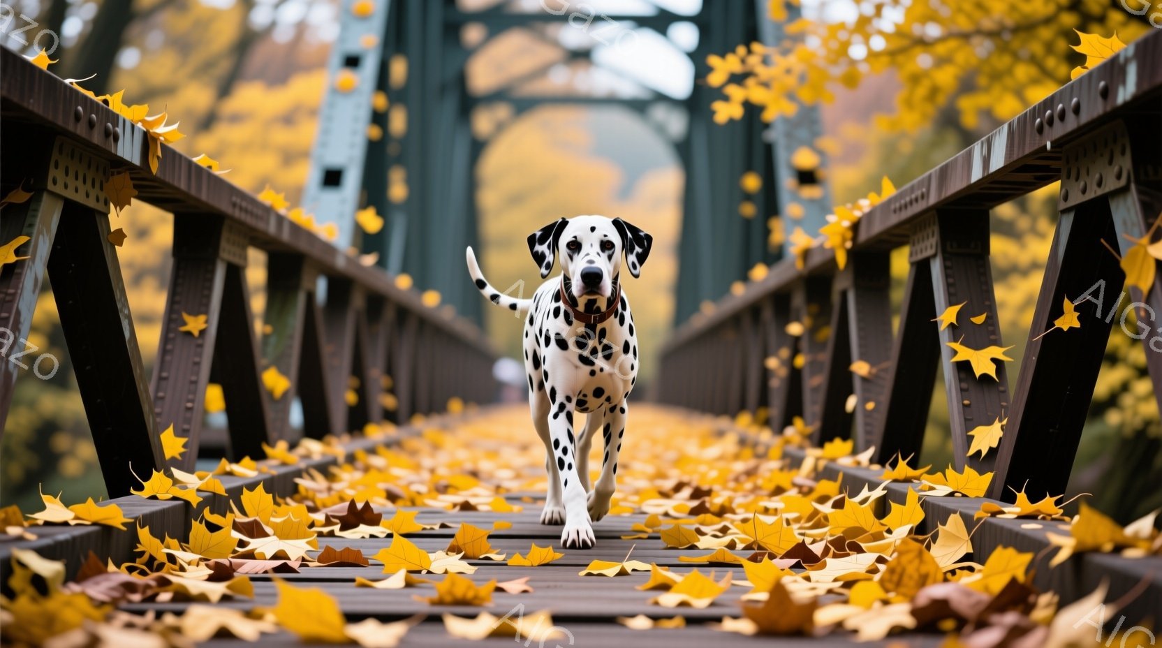 ダルメシアン犬が、落ち葉が敷き詰められた鉄製の橋の中央を、前方をまっすぐ見据えながら力強く歩いている。背景は秋の木々で、葉は鮮やかな黄色とオレンジ色で、穏やかな秋の天候を示唆している。全体的に、活気が - AI生成フリー素材