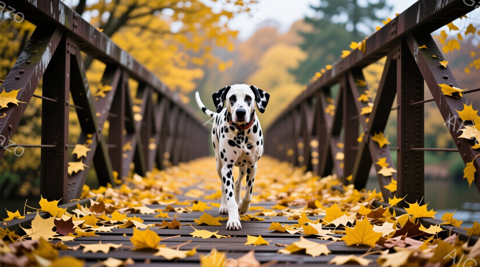 秋の風景の中で、ダルメシアン犬が茶色の橋の上を正面に向かって歩いている。橋の上や周りには落ち葉が敷き詰められており、犬の黒い斑点と黄色い葉が鮮やかなコントラストを生み出している。背景には水面と木々が見え、穏やかで温かい秋の雰囲気が漂っている。