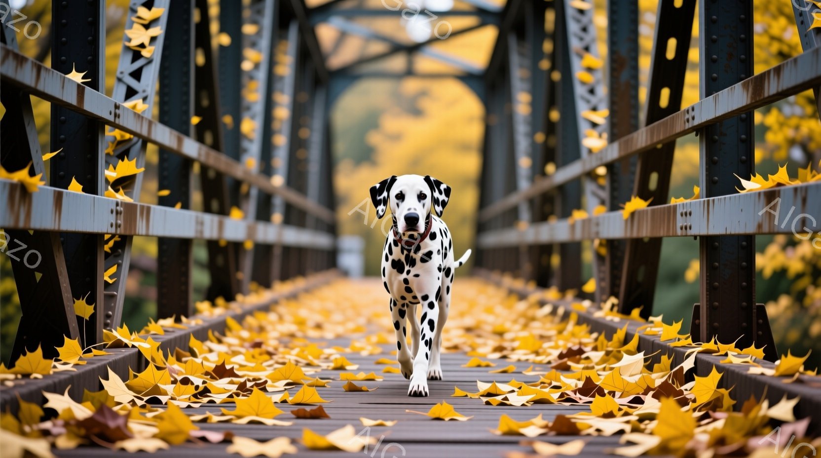 黒い斑点模様のダルメシアンが、落ち葉で覆われた古い金属製の橋の中央をまっすぐこちらに向かって歩いてくる様子が写っています。背景は秋の黄色の木々と、橋の構造が広がり、秋の暖かい日差しと落ち葉が穏やかな雰 - AI生成フリー素材