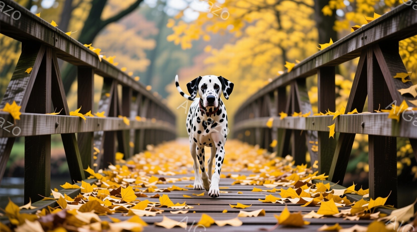 斑点模様のダルメシアンが、鮮やかな黄色の落ち葉で覆われた木製の橋をまっすぐ歩いている。背景にはぼやけた緑の木々が見え、秋の穏やかな日差しが降り注いでいる。全体的に、秋の暖かさと犬の活発さが伝わる、心温 - AI生成フリー素材