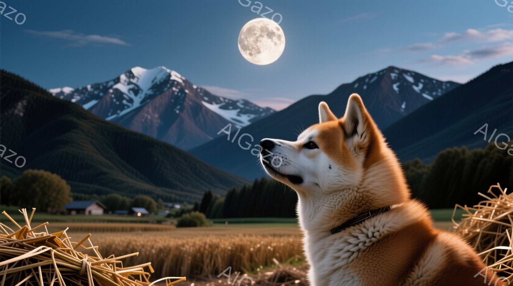 草原に佇む秋田犬の姿を捉えています。犬は首輪をつけ、右を向き、何かを見つめているようです。背景には緑豊かな山々と、月明かりが照らす田園風景が広がっており、静かで穏やかな夜の雰囲気を醸し出しています。 - AI生成フリー素材