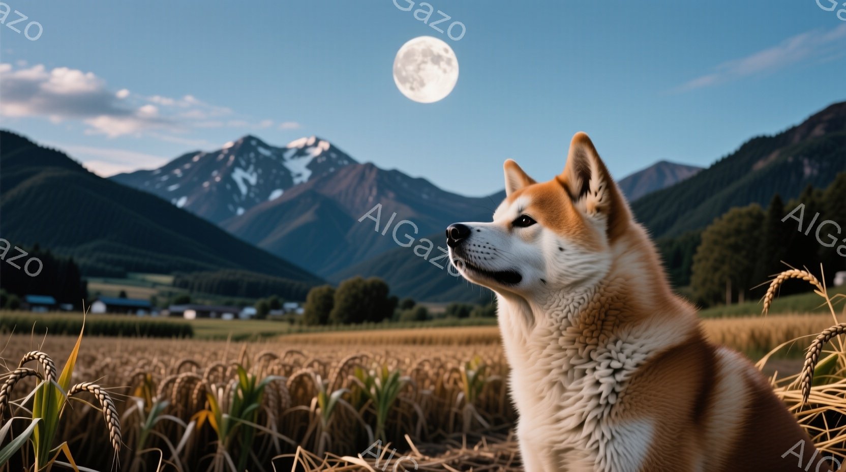 広大な麦畑の中に、赤茶色の柴犬が佇んでいます。犬は少し上を見上げ、遠くの山々を見つめており、その表情は穏やかでどこか物憂げです。背景には緑豊かな山々が連なり、満月が輝き、静かで幻想的な雰囲気を醸し出しています。