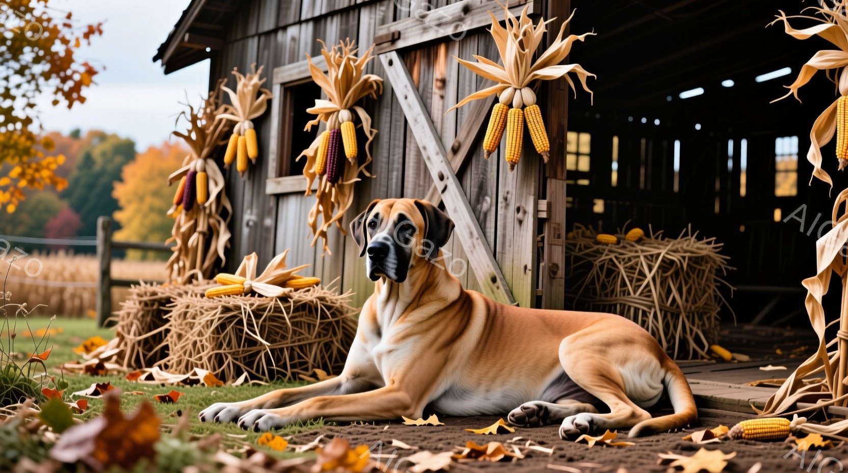 暖色系の毛並みの大型犬が、落ち葉が散らばる土の上に横たわっています。背景には、藁の俵とトウモロコシが飾られた古い木製の納屋が見え、秋の豊かな色彩と静けさが感じられます。犬はリラックスした表情で、穏やかな秋の午後の雰囲気を醸し出しています。