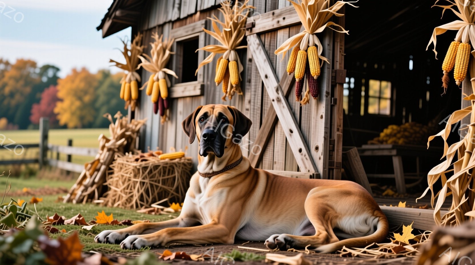 広大な農場の背景に、茶色の大型犬が藁の俵の近くで横たわっています。犬は落ち着いた表情で、首輪をつけています。背景には木製の納屋があり、秋の装飾であるトウモロコシが飾られています。
