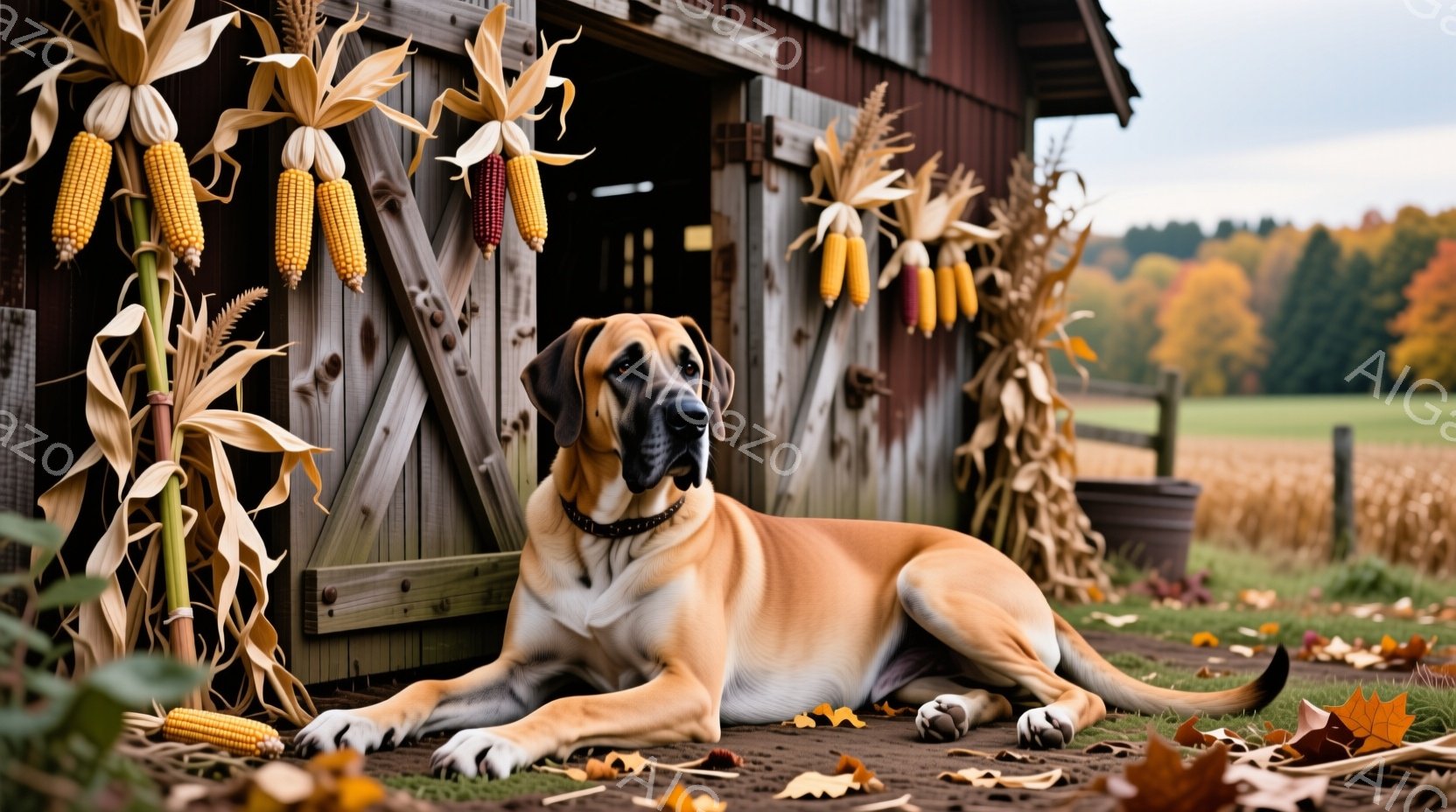 大きな犬が、木製の納屋の前に横たわっています。犬は茶色と白の毛並みで、首輪をつけており、少し遠くを見つめるような表情をしています。背景には秋の紅葉した木々と黄金色の畑が広がり、落ち葉が犬の周りに散らばっていることから、秋の穏やかな一日であることがわかります。