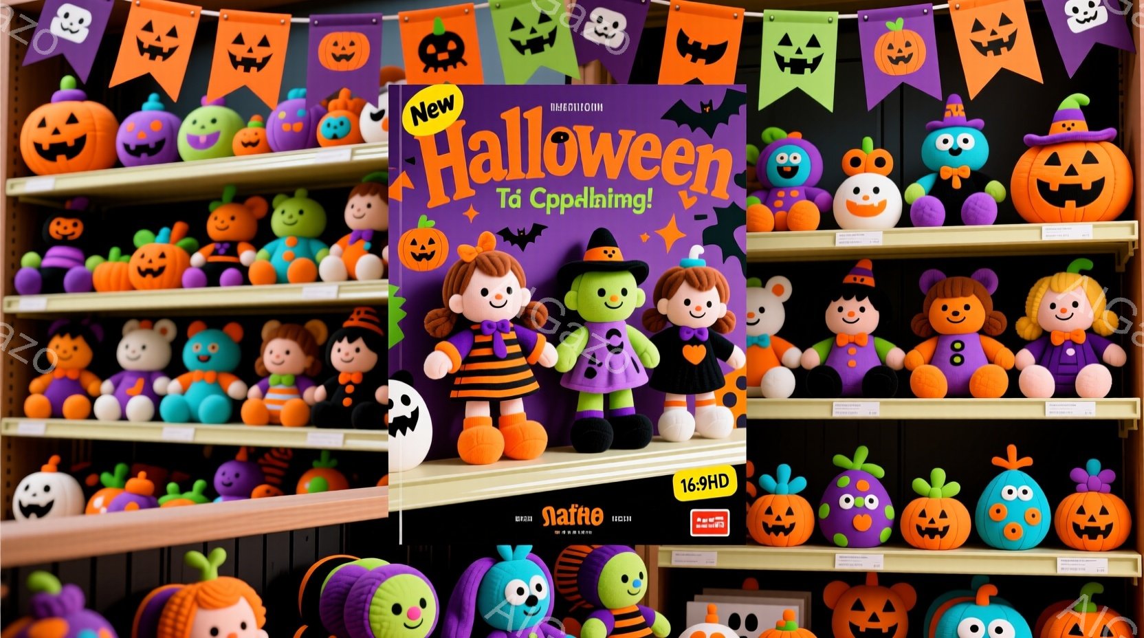 ハロウィーンの飾り付けが整った棚が写っています。様々な色のカボチャのぬいぐるみや、魔女、お化けのぬいぐるみなどが並べられています。背景には、オレンジ色のカボチャの旗が飾られ、ハロウィーンの楽しい雰囲気が漂っています。