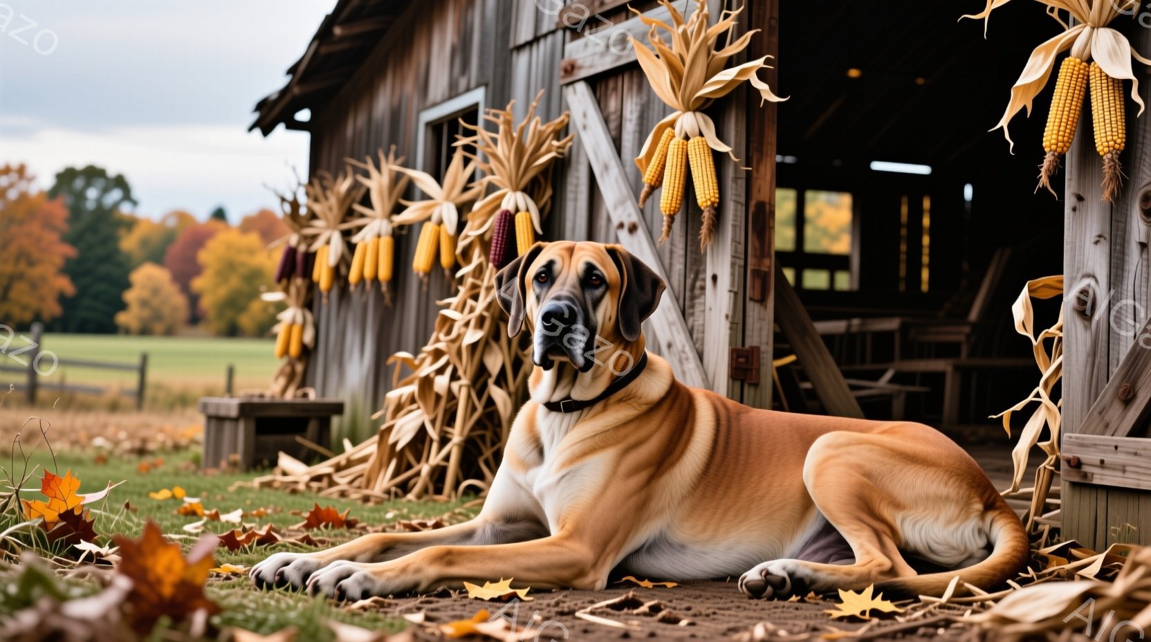 大きな茶色の犬が、秋の農場の納屋の前で横たわっています。背景には、鮮やかな秋色の葉が散りばめられた草原と、収穫されたトウモロコシが吊るされた納屋の壁が見えます。全体的に、暖かく穏やかな秋の日の雰囲気が漂っています。