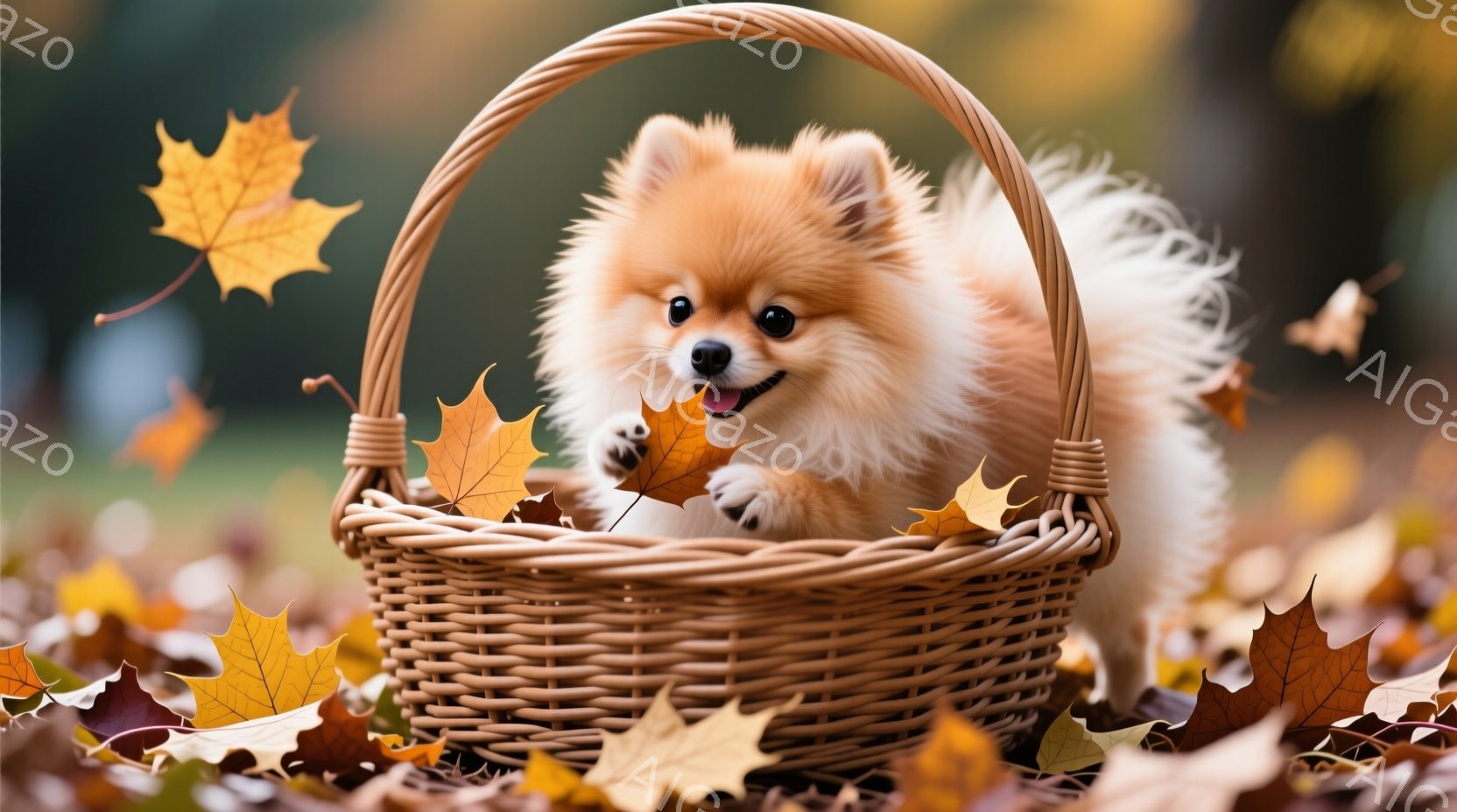 ふわふわの茶色のポメラニアンの子犬が、編まれたバスケットの中に座っており、前足で落ち葉をつかんでいます。背景には、秋の落ち葉が敷き詰められた地面と、ぼやけた緑の自然が見え、暖かく穏やかな秋の雰囲気が漂 - AI生成フリー素材