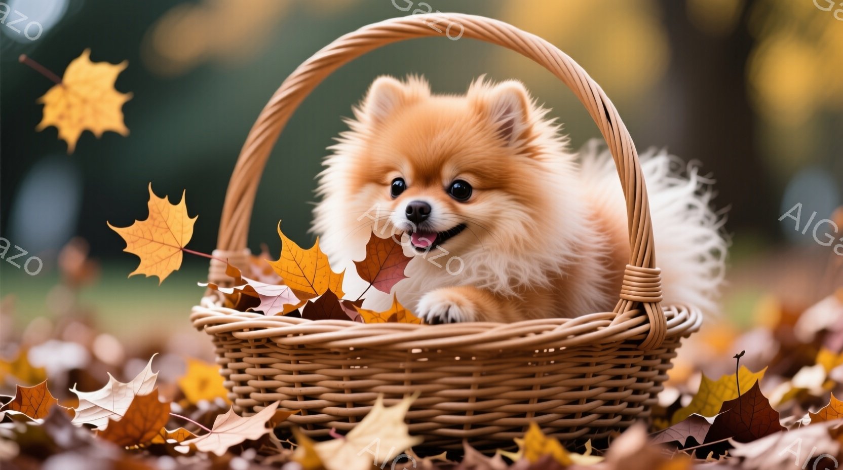 ふわふわの茶色のポメラニアンが、茶色の籐のバスケットの中に丸まって座っています。背景には、落ち葉が散らばり、秋の暖かい雰囲気を醸し出しています。ポメラニアンは幸せそうにこちらを見ており、全体的に穏やか - AI生成フリー素材