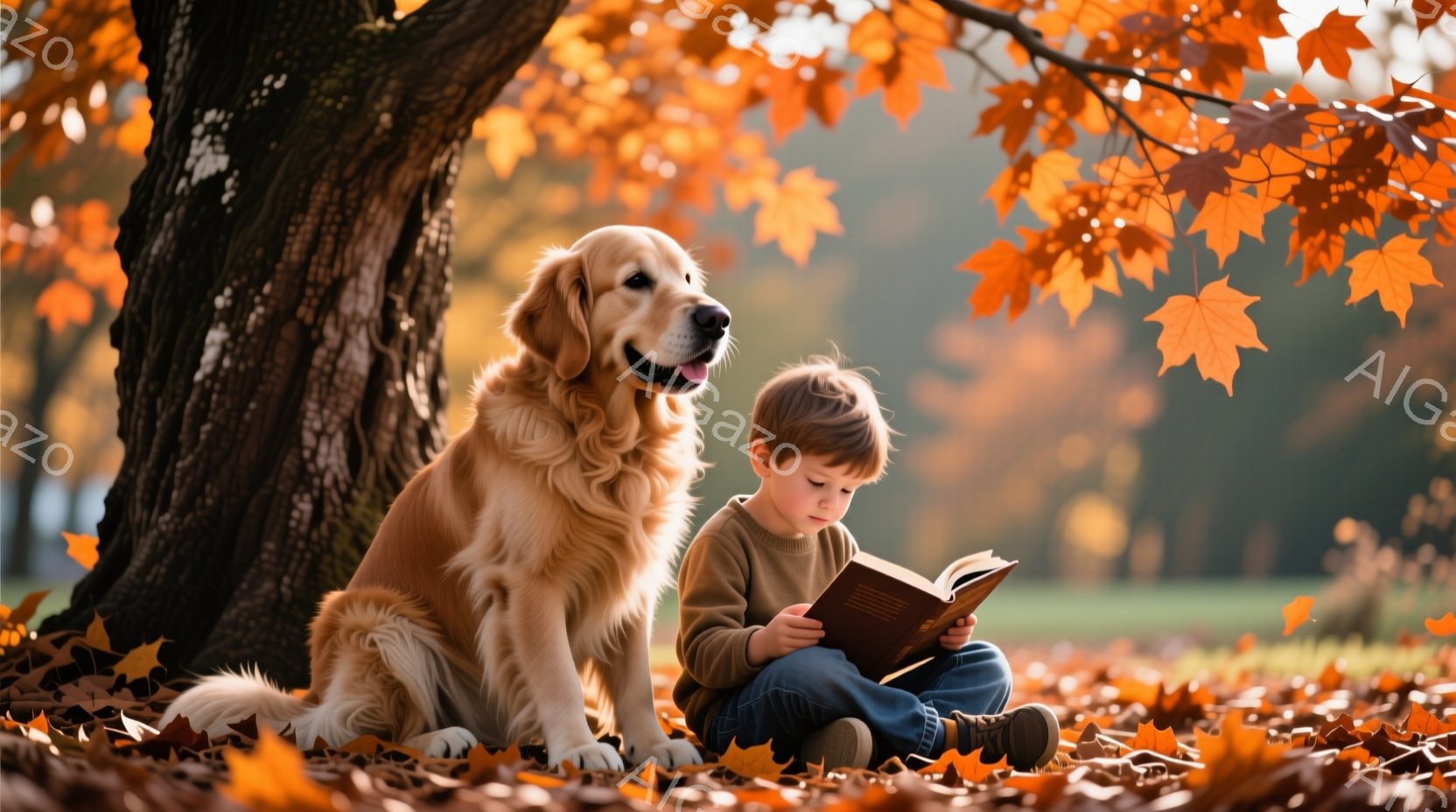 少年は地面に座り、本を熱心に読んでいます。金色の毛並みの大型犬が少年の隣で座り、穏やかな表情で彼を見守っています。背景には秋の紅葉が広がり、暖かく穏やかな雰囲気を醸し出しています。