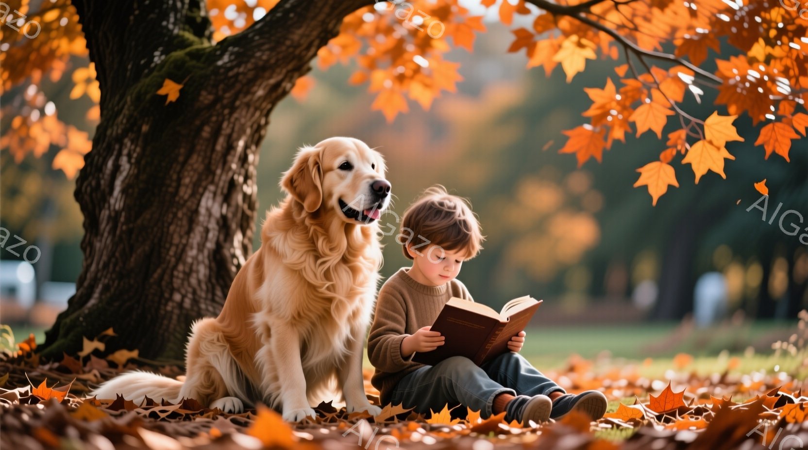 小さな少年が地面に座り、本を読んでいます。茶色のセーターを着ており、髪は短くカールしています。隣にはゴールデンレトリバーが座り、穏やかな表情で少年の傍らに寄り添っています。