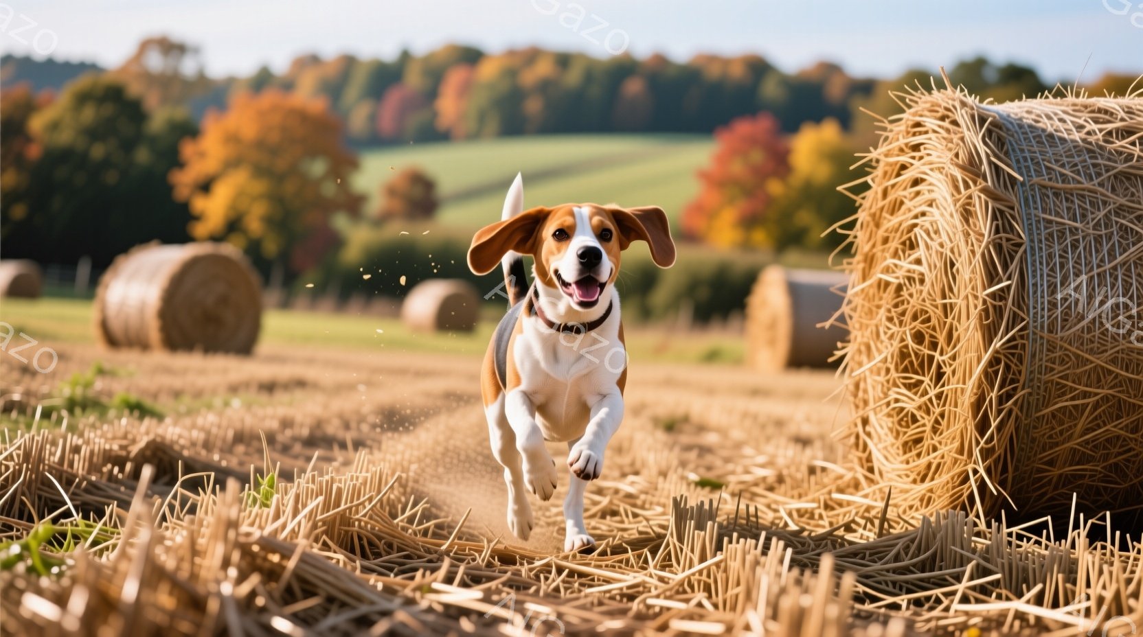 ビーグル犬が広大な畑を勢いよく駆け抜けている様子が写っている。秋の夕暮れ時のような背景には、丸い干し草の俵が点在し、遠くには緑と赤に色づいた木々が見える。犬は口を開けて楽しそうに走り、その活発な姿が暖かい秋の雰囲気を際立たせている。