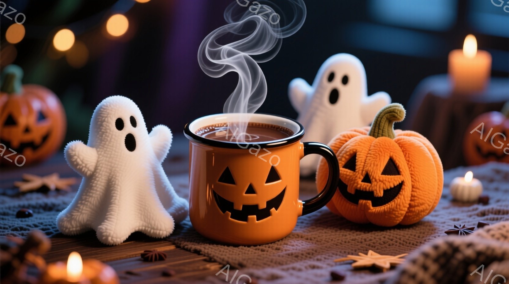 ハロウィーンをテーマにした静物画で、オレンジ色のジャック・オー・ランタンが刻まれたマグカップが中央に置かれ、湯気が立ち上っている。可愛らしいゴーストのぬいぐるみ2つがマグカップの左右に配置され、背景にはぼんやりとしたオレンジ色のカボチャと、小さな光が点在する暗い背景がぼやけて見える。全体的に温かく、ほっこりとしたハロウィーンの雰囲気を醸し出している。