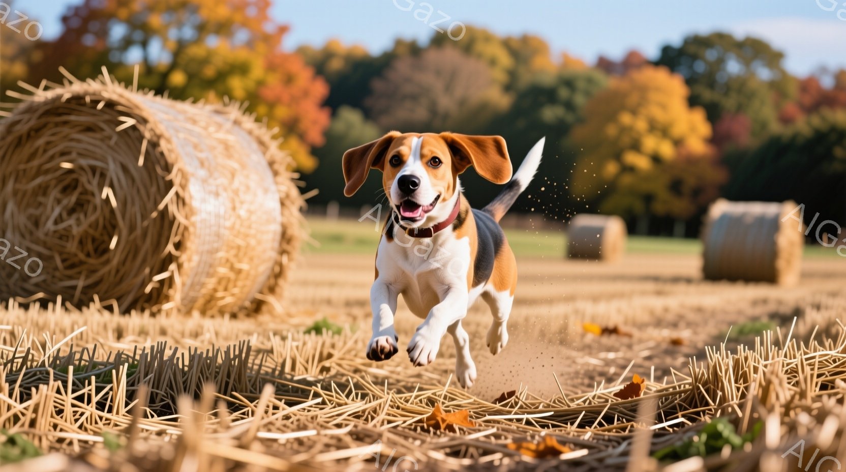 広大な麦わら畑を、茶色と白の毛並みのビーグル犬が勢いよく駆け抜けている。犬は口を開けて嬉しそうに走り、その周りには土埃が舞い上がっている。背景には、緑豊かな木々と秋らしい色づきが見られ、晴天の下、暖か - AI生成フリー素材