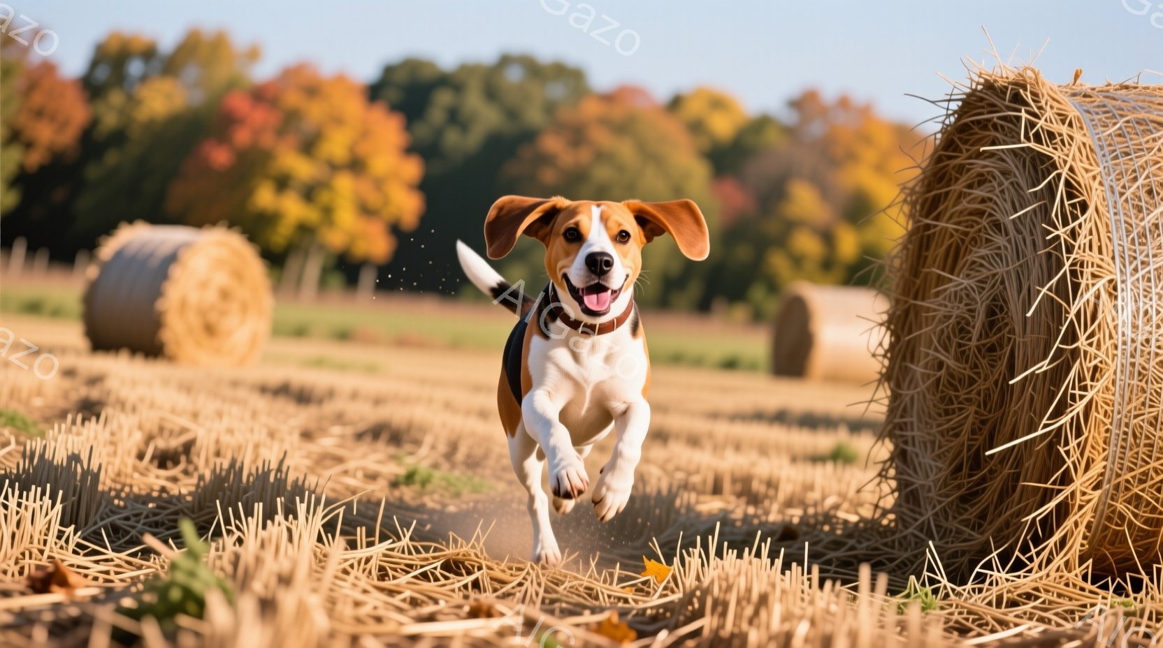 一匹のビーグル犬が、藁の俵が並んだ畑の中を勢いよく駆けている。犬は口を開けて笑顔を見せ、耳をピンと立てて楽しそうにしている。背景には緑の木々が広がり、秋の穏やかな天気が感じられる、暖かく明るい雰囲気の画像である。