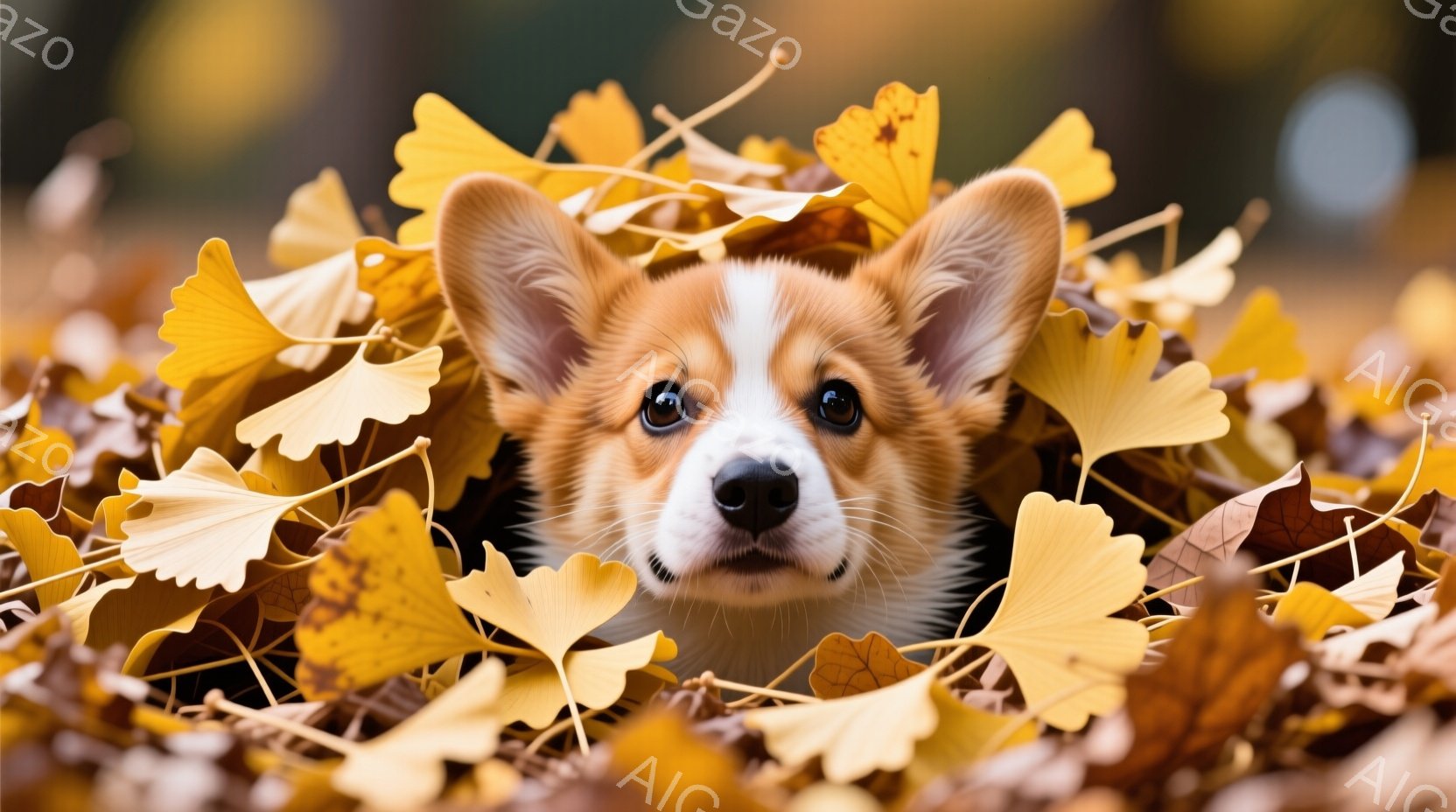 小さなコーギー犬が、黄色のイチョウの葉に囲まれて顔を出している。犬は正面を見つめており、つぶらな瞳と愛らしい表情が印象的だ。背景はぼやけており、秋の穏やかな雰囲気を感じさせる。 - AI生成フリー素材