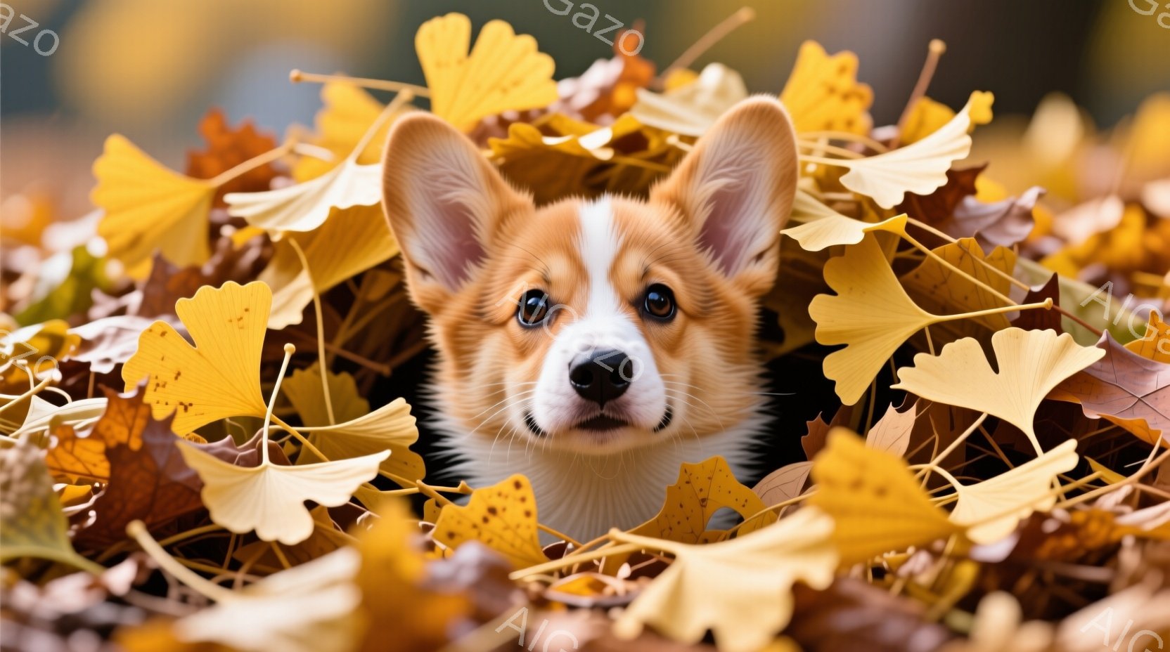 可愛らしいコーギー犬が、鮮やかな黄色のイチョウの葉の中に埋もれています。犬は正面を向いており、少し上目遣いで好奇心に満ちた表情をしています。背景はぼやけており、秋の穏やかな日差しが葉を照らし、全体的に温かく、可愛らしい雰囲気を醸し出しています。
