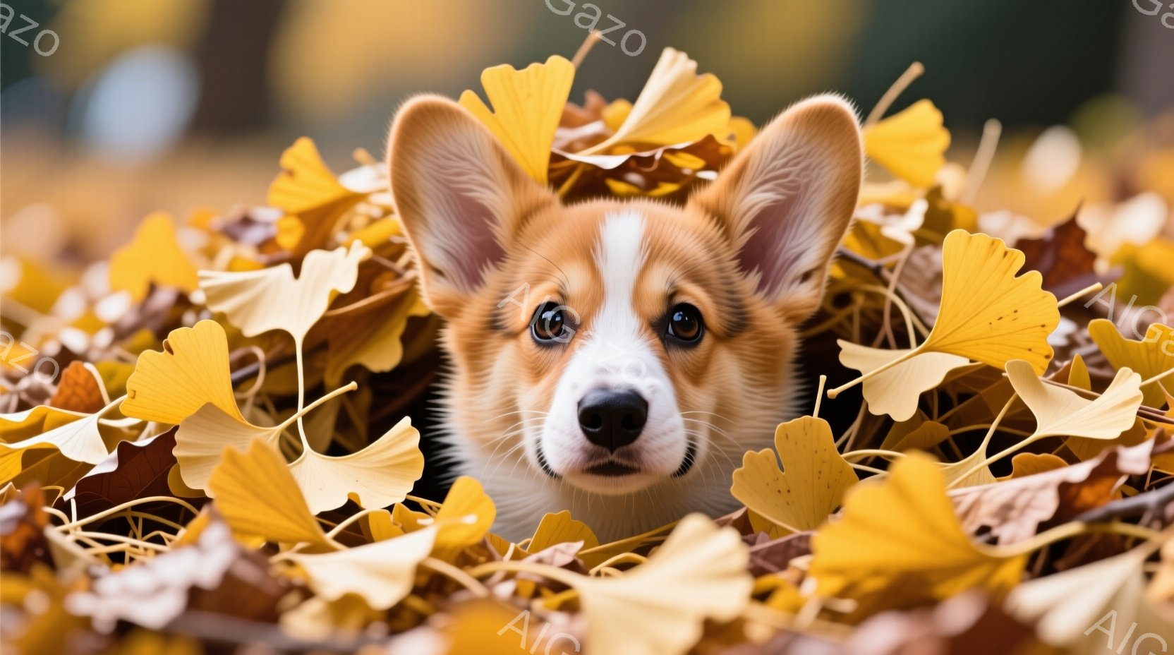 コルギの子犬がイチョウの葉っぱに埋もれています。子犬は前方をじっと見つめ、好奇心と少しの戸惑いが入り混じった表情をしています。背景はぼやけており、秋の暖かく穏やかな雰囲気が漂っています。