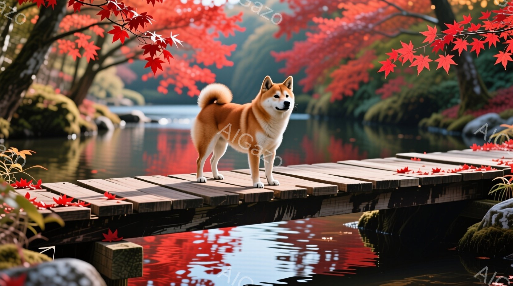 赤い橋の上で、柴犬が正面を向き、凛とした姿勢で立っている。背景には燃えるような紅葉と穏やかな水面が広がり、秋の深まりを感じさせる美しい風景が広がっている。全体的に温かく、静かで穏やかな雰囲気が漂ってい - AI生成フリー素材