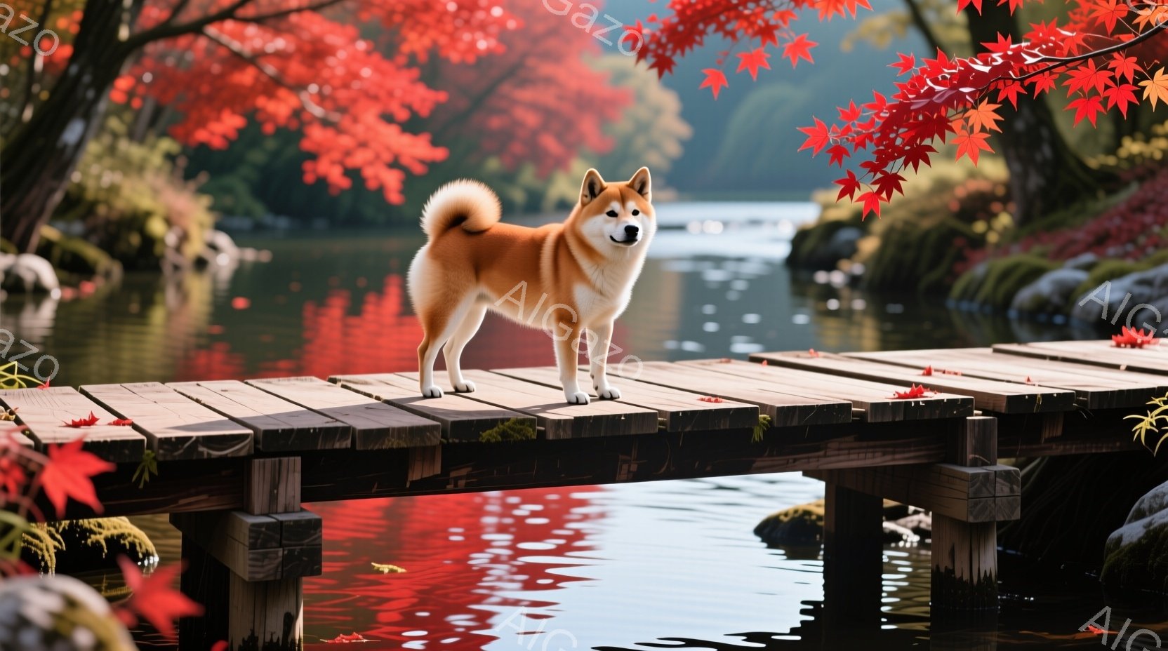 赤い毛並みの柴犬が、木製の小さな橋の上で凛々と立っている。背景には鮮やかな紅葉と、穏やかな水面が広がり、秋の静寂と美しさを感じさせる。橋の周りには緑の植物が点在し、自然豊かな風景が広がっている。 - AI生成フリー素材