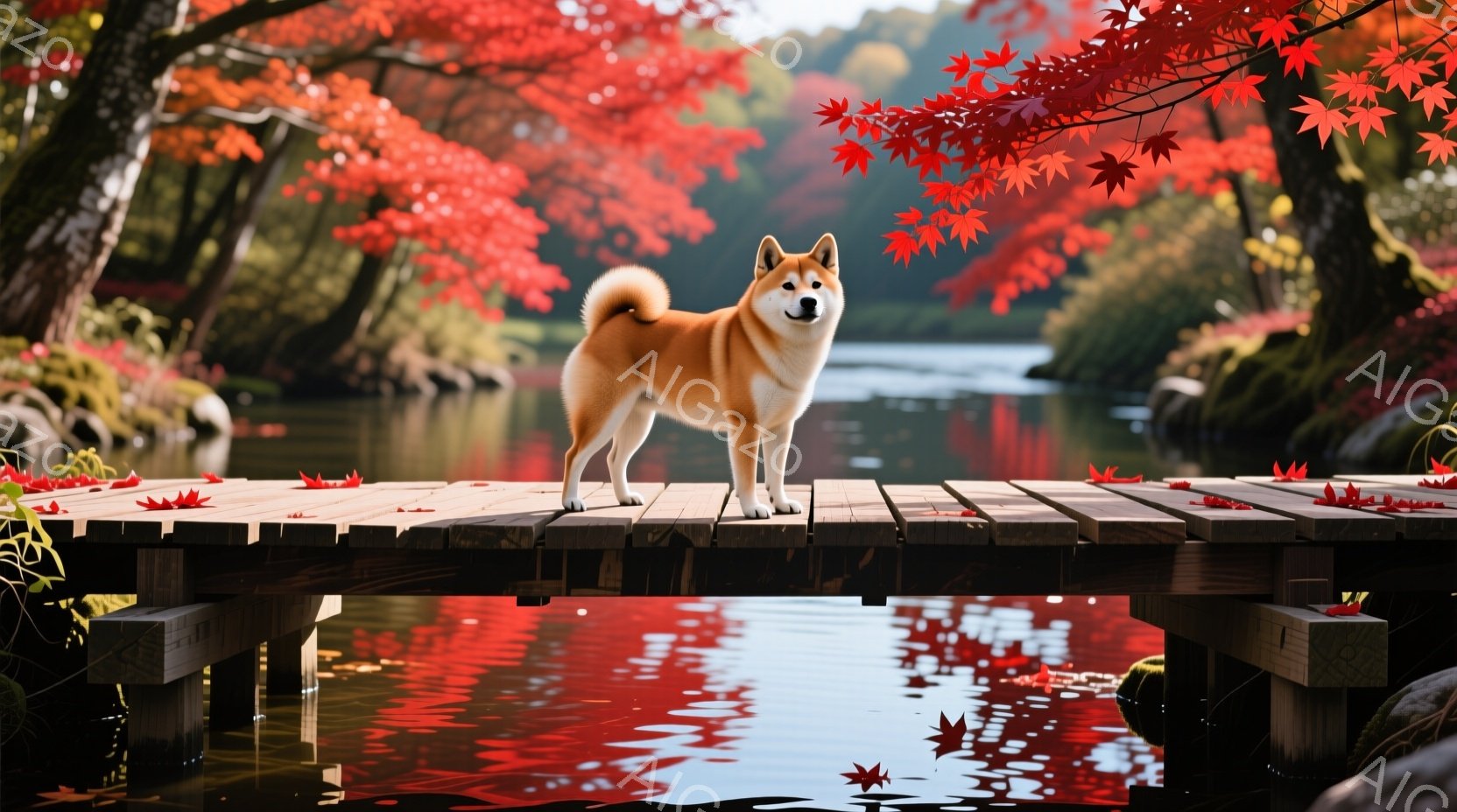 赤いもみじの葉が散りばめられた、木製の小さな橋の上で、柴犬が凛々と立っている。背景には、もみじの紅葉が鮮やかに広がり、水面にはその姿が映り込んでいる。秋の深まりを感じさせる、穏やかで美しい雰囲気の写真 - AI生成フリー素材