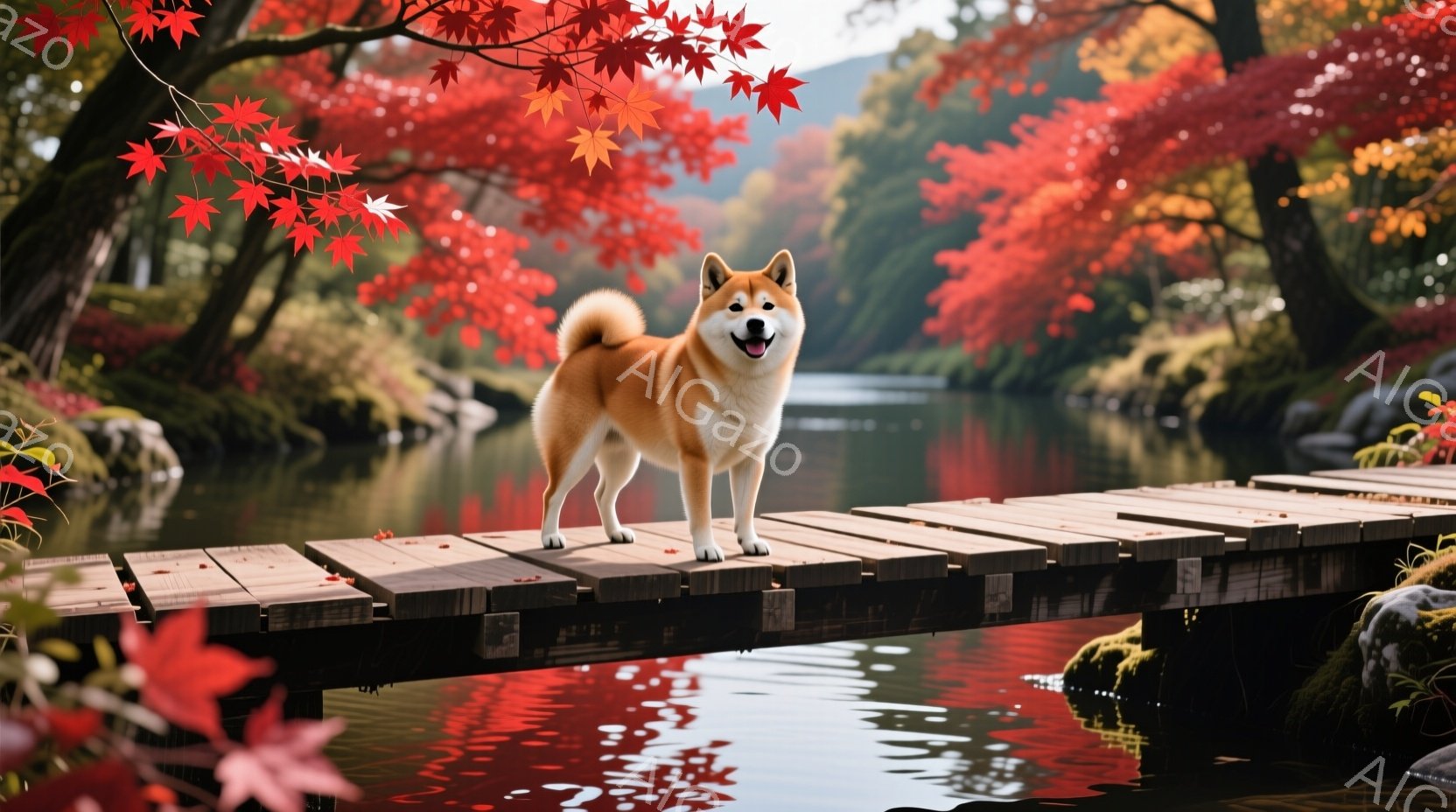 柴犬が小さな木製の橋の中央に堂々と立っている。背景には、鮮やかな赤色の紅葉と、穏やかな水面が広がっており、秋の静かで美しい雰囲気を醸し出している。犬は笑顔で、橋の上でリラックスした様子が伝わってくる。 - AI生成フリー素材