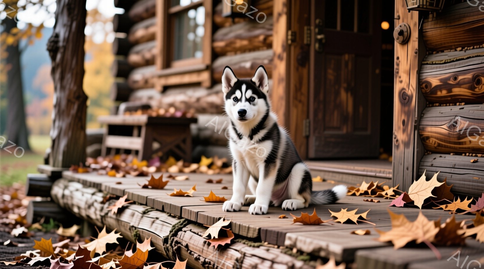 シベリアンハスキーの子犬が、落ち葉が散らばる木のデッキの上に座っています。子犬は真っ白と黒の毛並みで、前方にまっすぐ見つめ、真剣な表情をしています。背景には、木製の小屋があり、周囲は秋の紅葉に染まった自然に囲まれています。