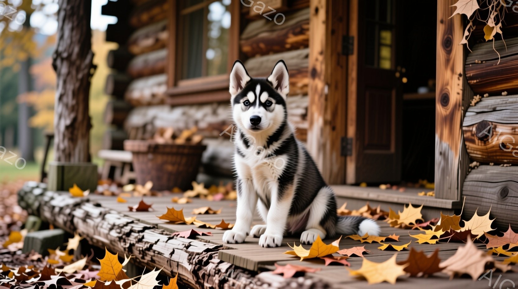 秋の庭に佇む、若いハスキー犬が写っている。木製のデッキに座り、真っ直ぐ正面を見つめており、その表情は落ち着いていて穏やかだ。背景には木造の建物と、紅葉で彩られた自然が広がり、秋の静寂と温かさを感じさせ - AI生成フリー素材