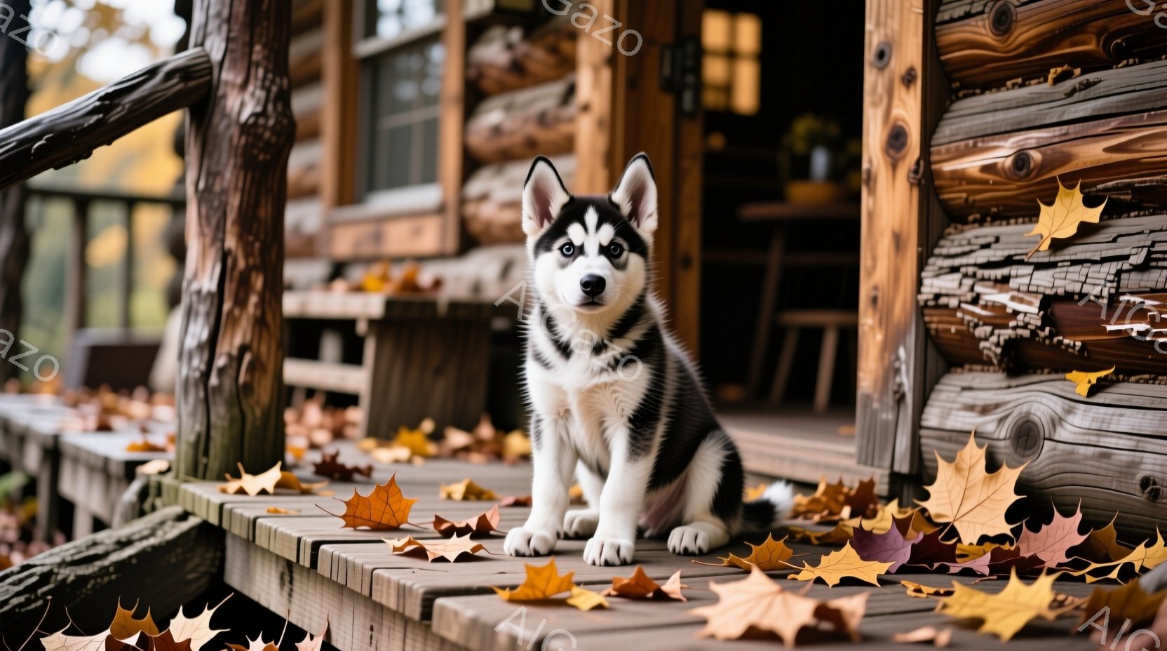 白と黒のハスキーの子犬が、落ち葉が散らばる木のデッキの上に座っています。子犬は正面を見ており、少し警戒した表情を浮かべています。背景には、ログハウスのような建物があり、秋の暖かく穏やかな雰囲気が漂っています。