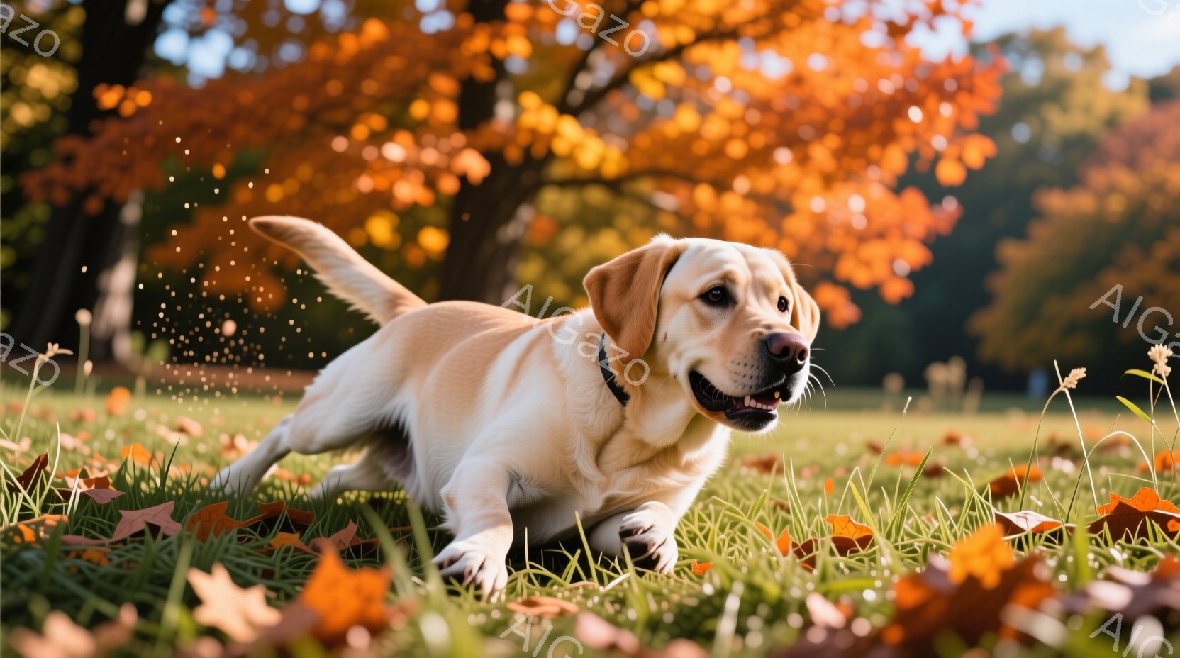 クリーム色のラブラドール・レトリバーが、落ち葉が舞う緑の草原を勢いよく走り、楽しそうにこちらを見ている。背景には鮮やかな紅葉の木々が広がり、秋の暖かく柔らかな光が全体を包んでいる。犬の表情は明るく、活気に満ちた秋の日の穏やかな雰囲気が感じられる。