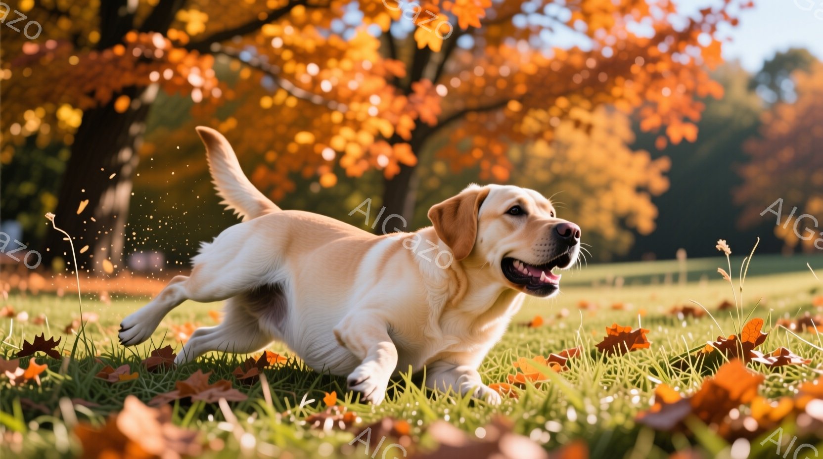 クリーム色のラブラドール・レトリバーが、落ち葉が舞う緑の草原を勢いよく駆け抜けている。犬は口を開けて楽しそうに微笑んでおり、その表情は生き生きとしている。背景には鮮やかな紅葉の木々と、ぼやけた緑の広がりが見られ、秋の穏やかで明るい雰囲気が漂っている。