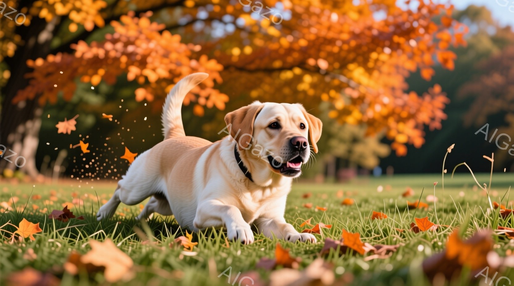 広大な緑の草原で、クリーム色のラブラドール・レトリバーが駆けている。秋の紅葉が舞い散り、犬は嬉しそうに口を開けている。背景には鮮やかな紅葉の木々と穏やかな天気を感じさせる空が広がり、温かく幸せな雰囲気が漂っている。