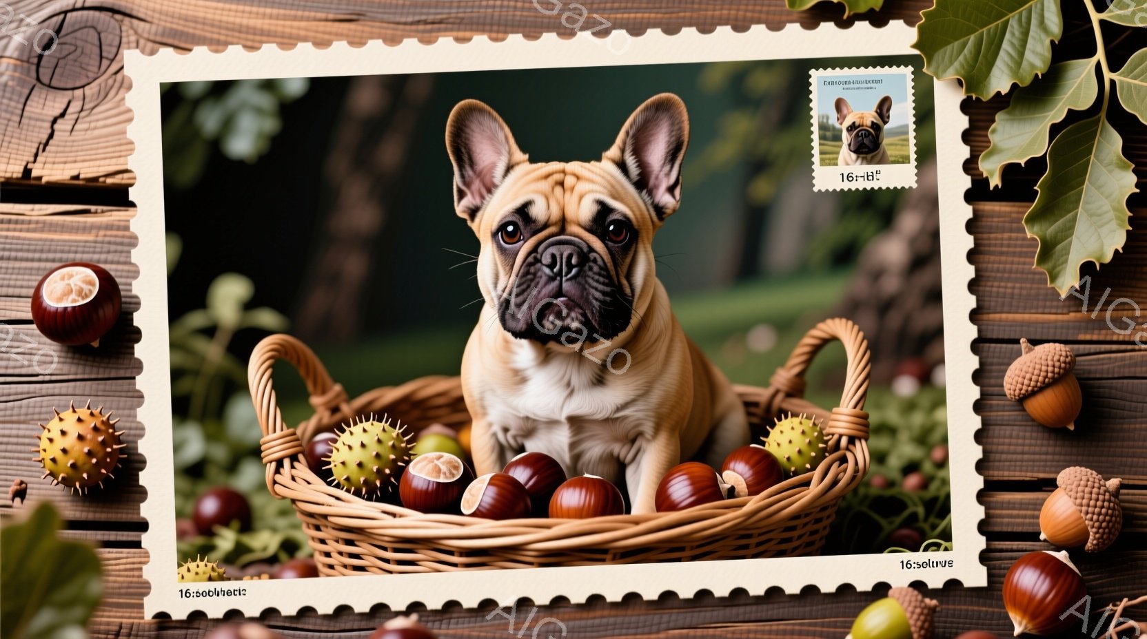 クリーム色の毛並みのフレンチブルドッグが、編み込み模様のバスケットの中に座っています。その表情は穏やかで、少し上目遣いをしています。背景には、秋を象徴するどんぐりや栗、葉っぱなどが散りばめられ、暖かく - AI生成フリー素材