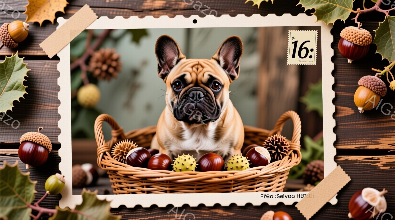 バスケットの中にフレンチブルドッグが座っており、リラックスした表情で正面を見ています。背景には、秋の季節を象徴するどんぐりや栗が散りばめられており、暖かく穏やかな雰囲気を醸し出しています。バスケットの - AI生成フリー素材