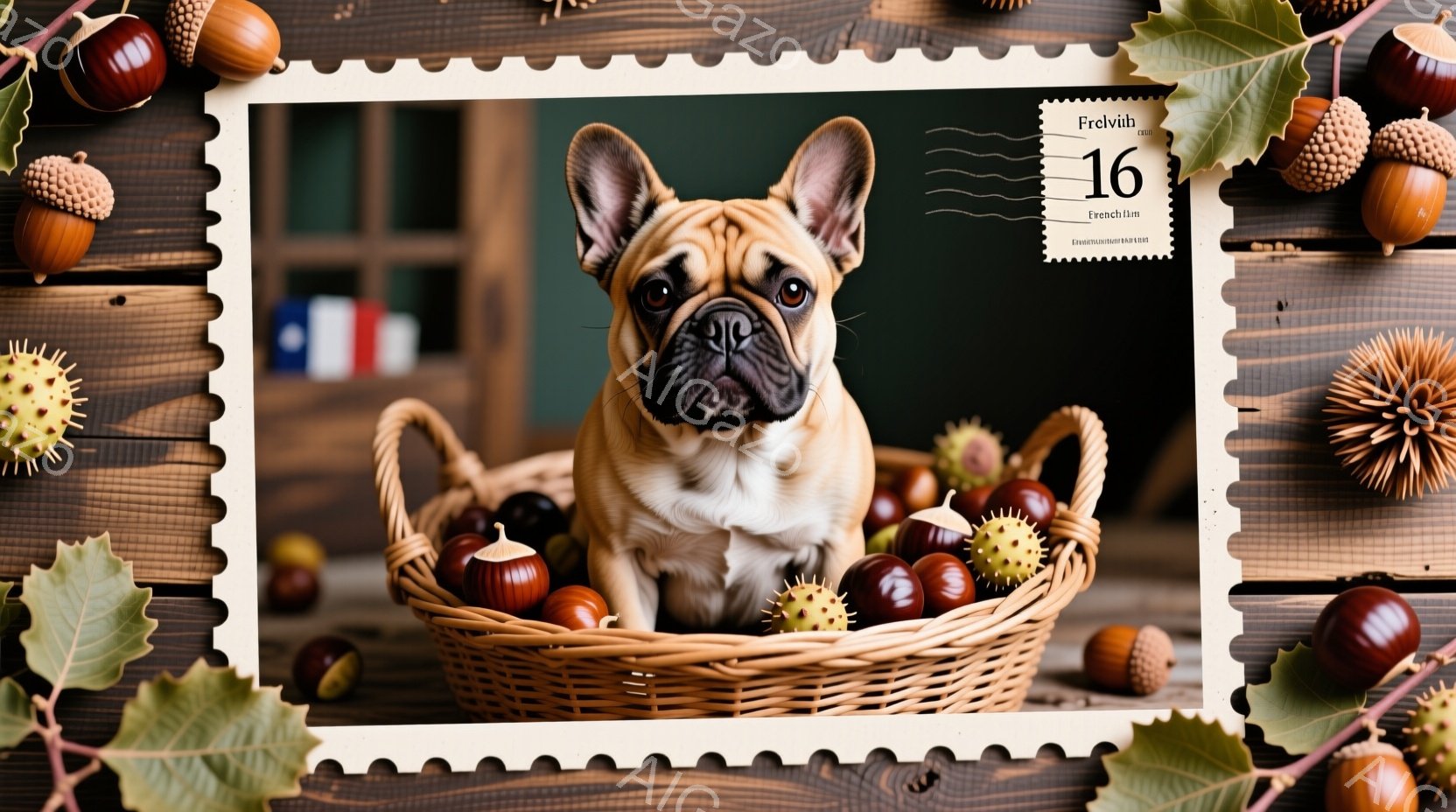 茶色の編み込みバスケットに座った、愛らしいフレンチブルドッグが写っています。その表情は好奇心旺盛で、少しお茶目な印象を与えます。背景には秋を連想させるどんぐりや葉が散りばめられ、暖かく穏やかな雰囲気を醸し出しています。