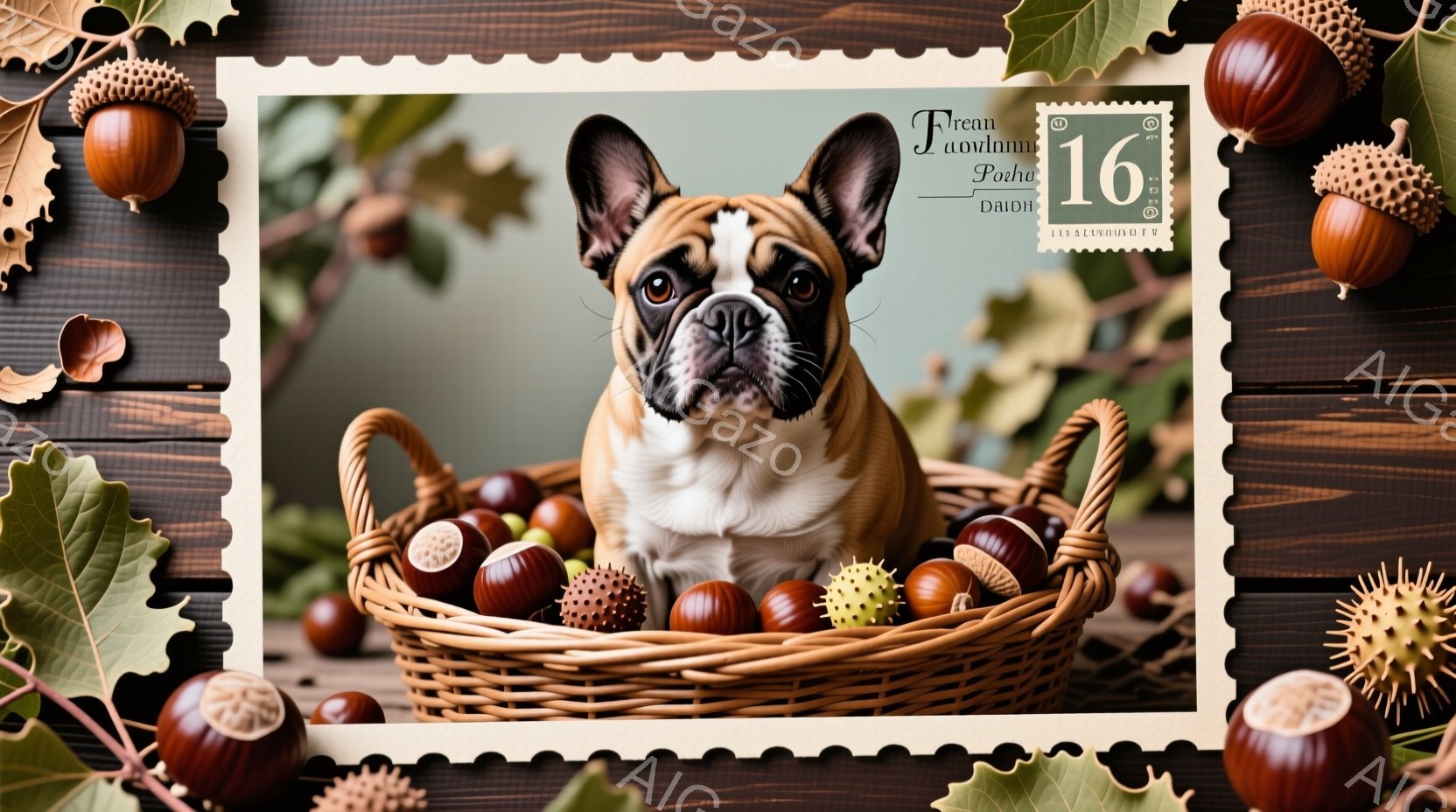 バスケットに座ったフレンチブルドッグが写っています。犬は茶色と白の毛並みで、穏やかでわずかに好奇心旺盛な表情をしています。背景には、カエデの葉やドングリなどの秋らしい飾りがあり、全体的に暖かく、心地よい雰囲気です。