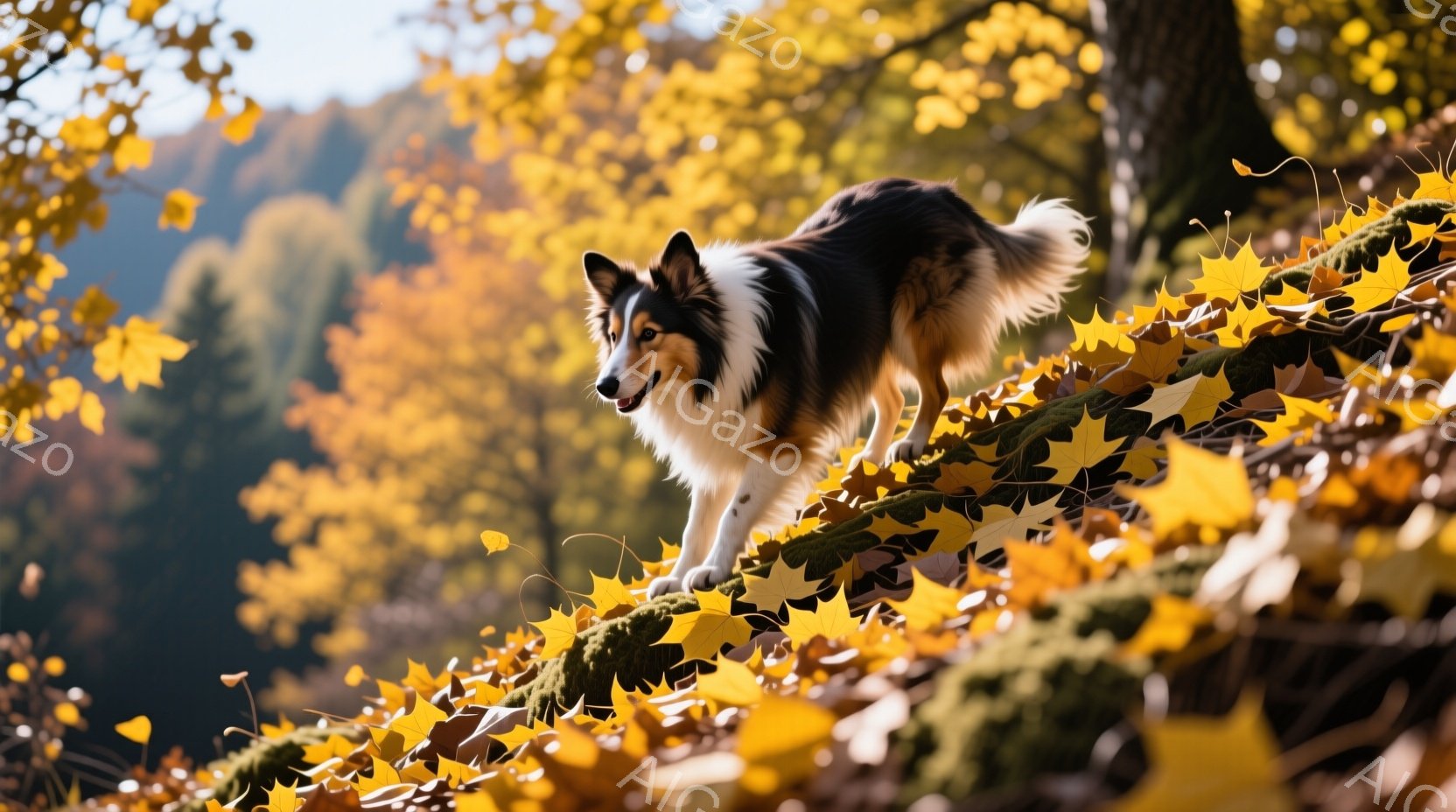 コリー犬が、鮮やかな紅葉に覆われた丸太の上を歩いている。犬は黒と白の毛並みで、表情は穏やかで、周囲の自然に溶け込んでいる。背景は緑豊かな森林で、日差しが差し込み、秋の暖かく静かな雰囲気を醸し出している。
