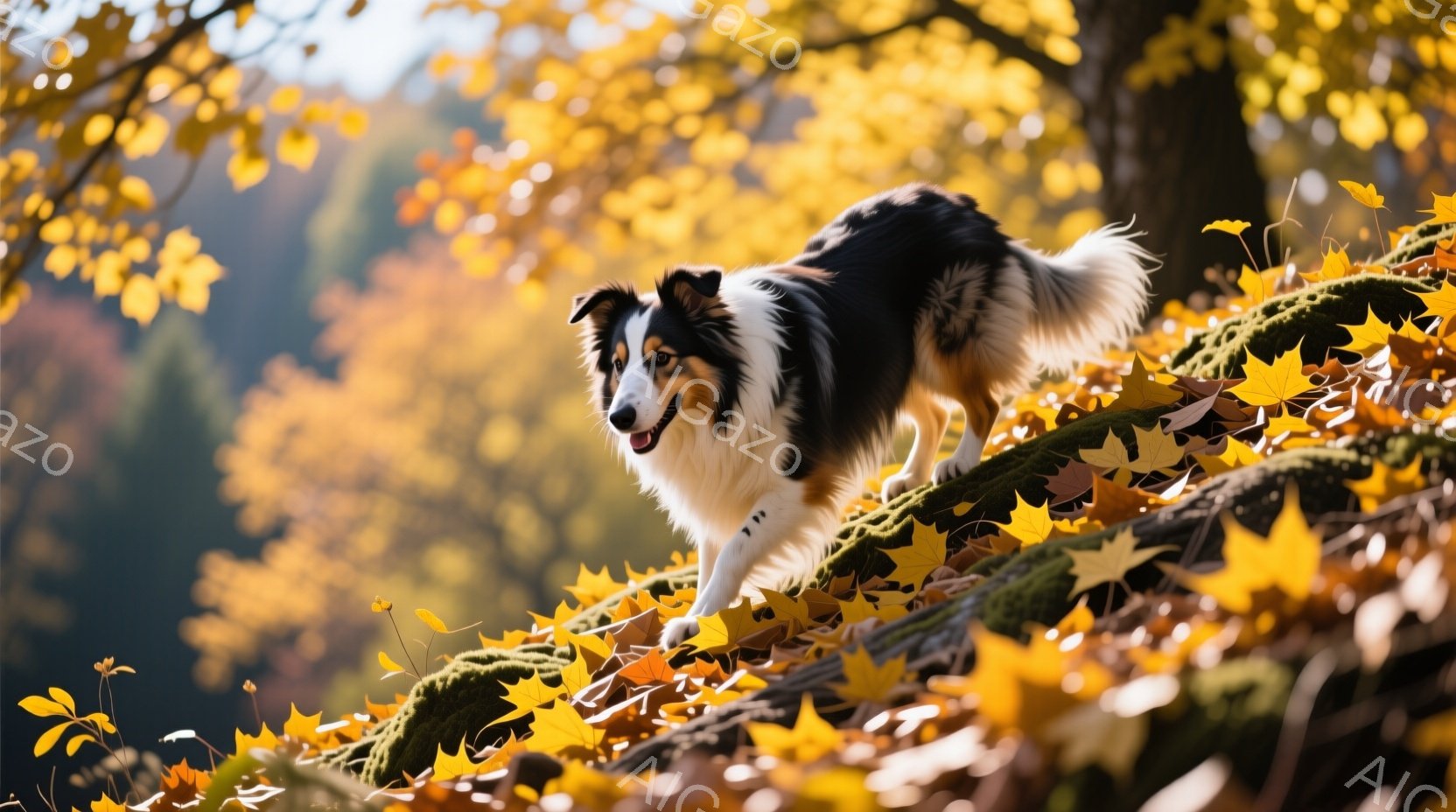 鮮やかな秋の光の中で、白と黒の毛並みを持つボーダーコリーが、落ち葉が積もった木の根の上を歩いている。犬は少し横を向き、楽しげな表情でどこかを見つめているようだ。背景は、黄色やオレンジ色の葉が茂る木々と、ぼやけた自然の風景で、温かく穏やかな秋の雰囲気を醸し出している。