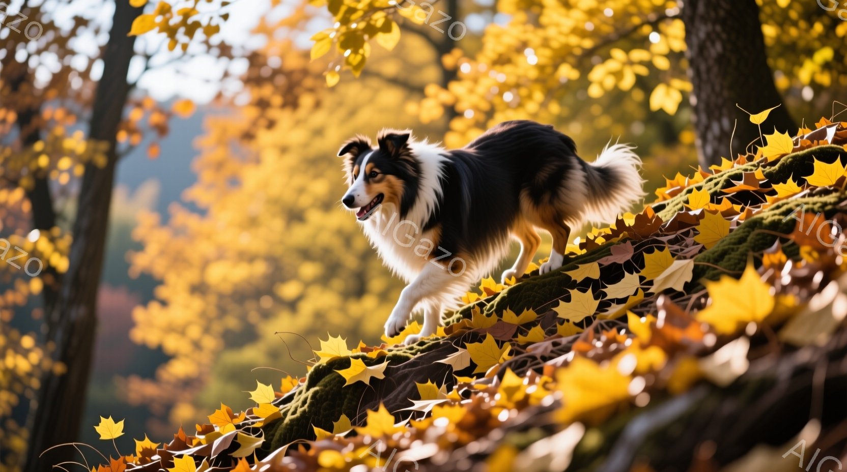 美しい秋の風景の中で、茶色と白のボーダーコリーが木の根の上を活発に駆け抜けている。背景には鮮やかな紅葉が広がり、木漏れ日が犬を暖かく照らしている。全体的に、自然の中で楽しむ犬の活発さと秋の温かい雰囲気が伝わる写真である。