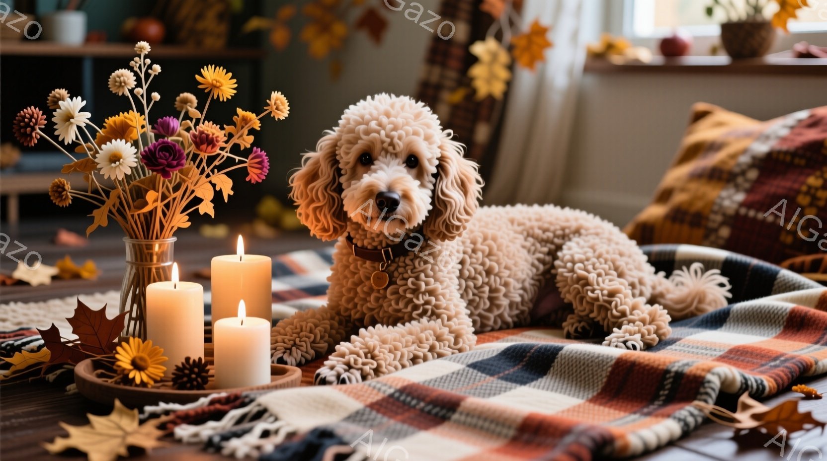 ふわふわとしたクリーム色の巻き毛の犬が、チェック柄のブランケットの上でリラックスして横たわっています。周りには、秋らしいドライフラワーが飾られた花瓶や、点灯されたキャンドルが置かれ、暖かく穏やかな雰囲 - AI生成フリー素材