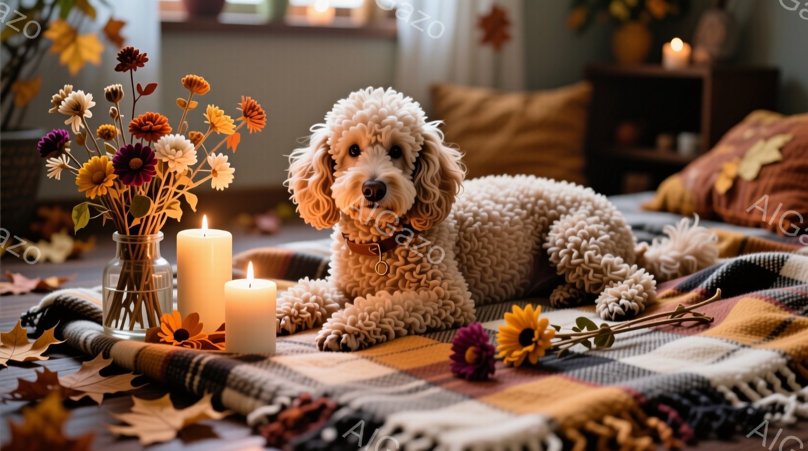 巻き毛のクリーム色の犬が、チェック柄の毛布の上でリラックスして横たわっています。周囲には秋らしい花やキャンドルが置かれ、暖かく穏やかな雰囲気を醸し出しています。背景にはぼやけた家具が見え、室内で過ごす - AI生成フリー素材