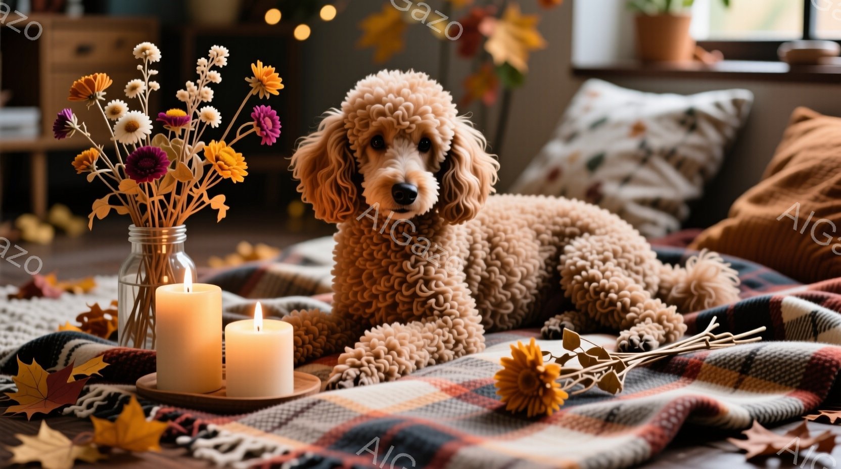 明るいチェック柄の毛布の上に、ふわふわのクリーム色の巻き毛の犬が横たわっています。周りには秋らしい落ち葉と、火の灯ったキャンドルが置かれ、リラックスした温かい雰囲気が漂っています。背景にはぼやけた家具 - AI生成フリー素材