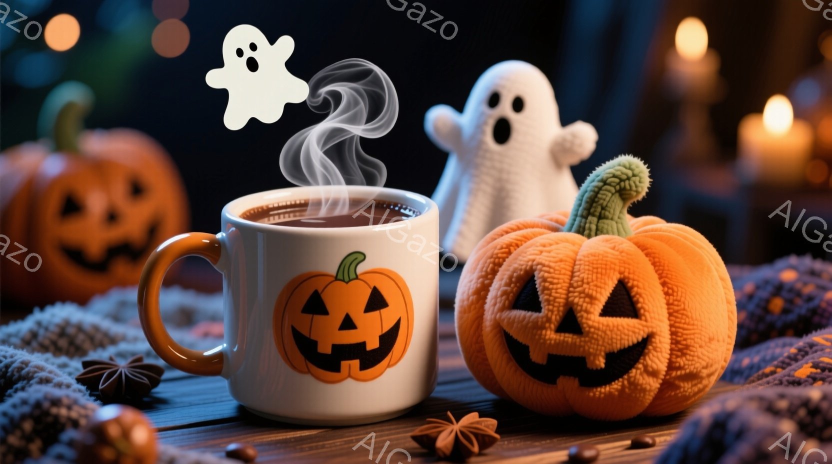 ハロウィーンを連想させる暖かく落ち着いた雰囲気の画像です。オレンジ色のジャック・オー・ランタンが描かれたマグカップから湯気が立ち上り、その隣にはふわふわの白い幽霊の人形と、さらに小さなジャック・オー・ランタンのぬいぐるみがあります。背景には、ぼやけたオレンジ色の編み物と、暖かく優しい光を放つキャンドルが配置され、秋の夜長にぴったりのシーンです。