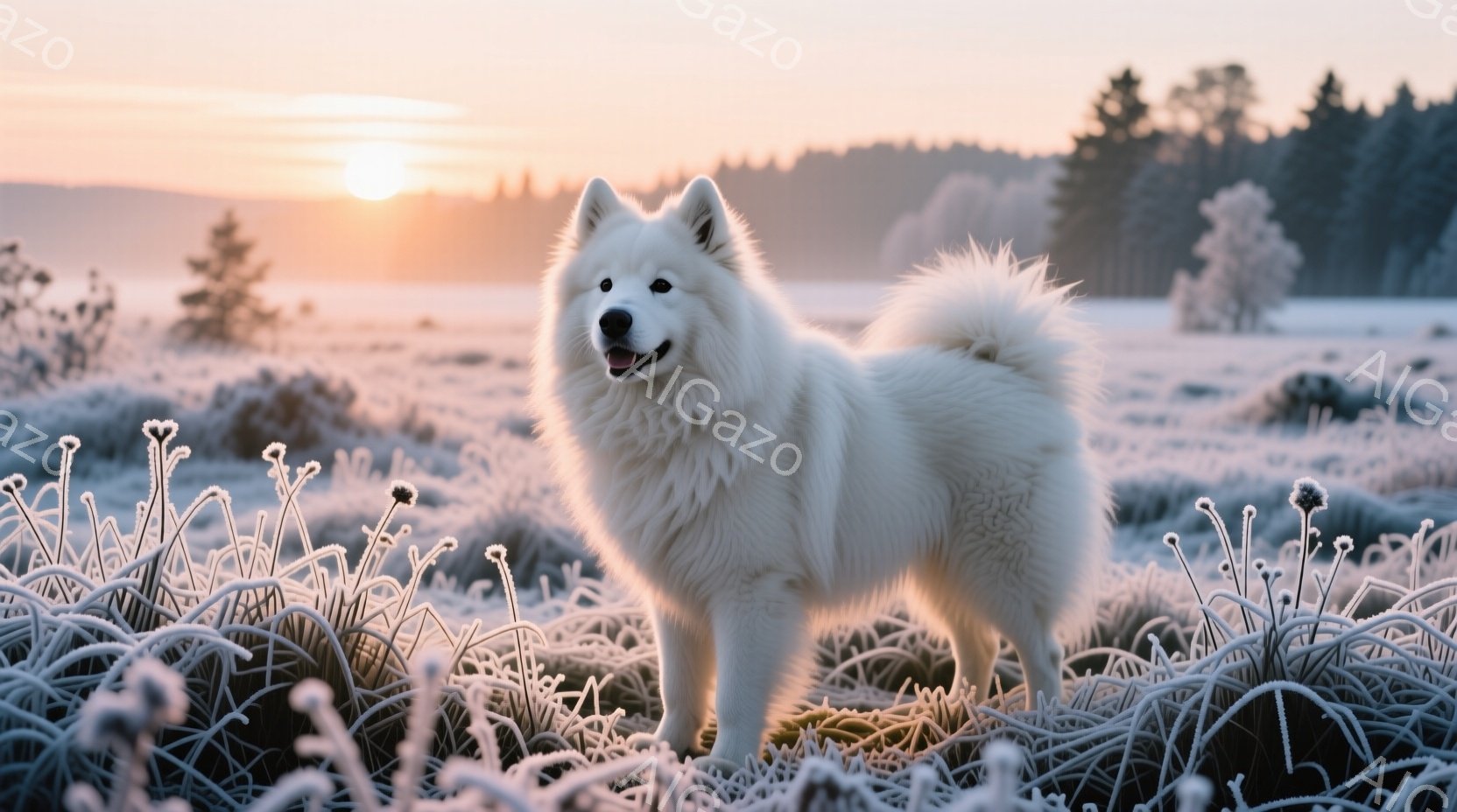 白い毛並みのシベリアンハスキーが、霜が降りた草むらの中に立っている。夕焼けのオレンジとピンク色の空が背景に広がり、穏やかで幻想的な雰囲気を醸し出している。犬は堂々と正面を向き、毛並みが美しく、まるで冬 - AI生成フリー素材
