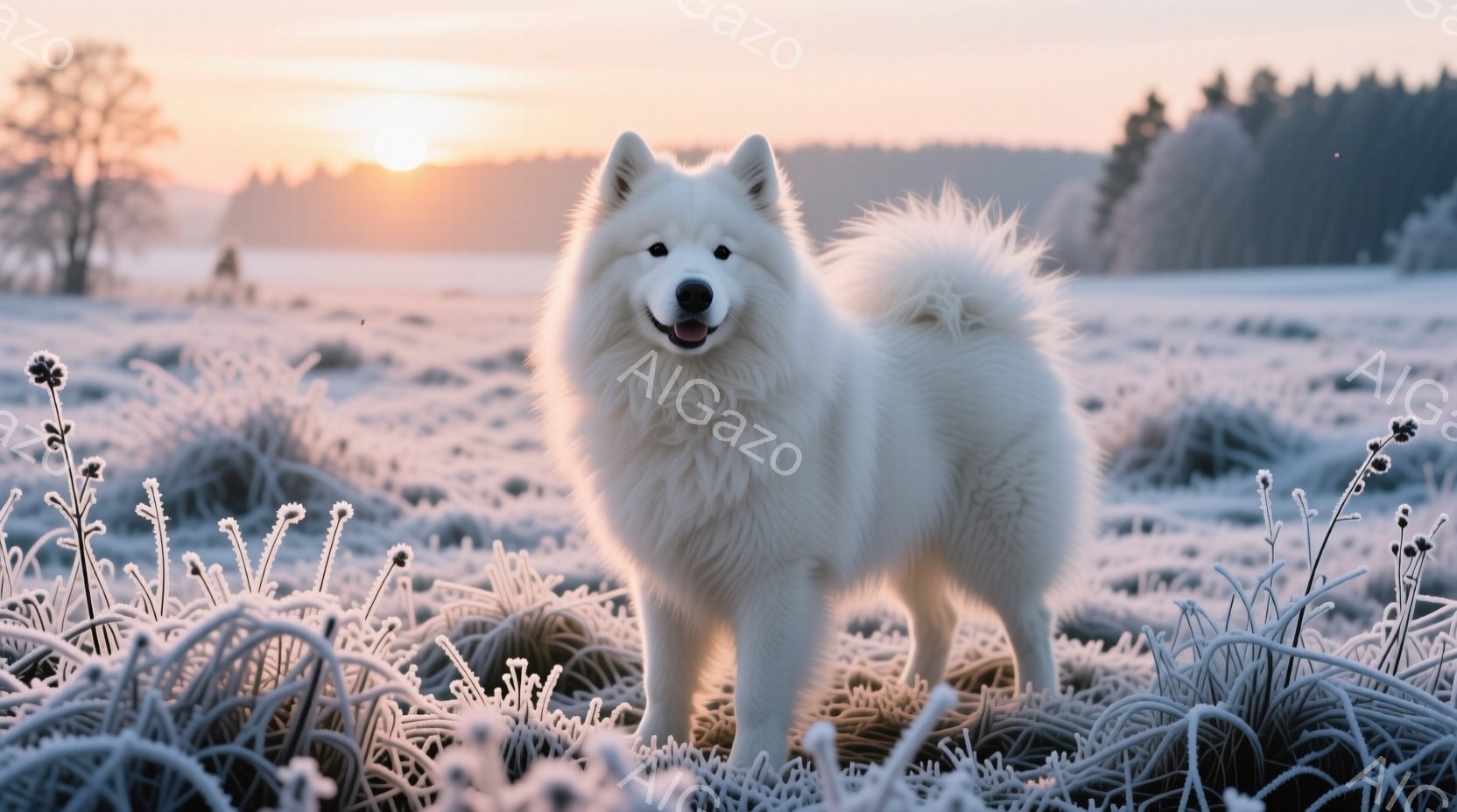 白いシベリアンハスキーが霜で覆われた草むらの中に立っている。犬は正面を向き、口を開けて微笑んでいるように見え、毛並みはふさふさとしており、冬の朝の穏やかな雰囲気を醸し出している。背景には、薄暗い日の出と霜で覆われた木々が見え、全体的に穏やかで静けさのある情景が広がっている。