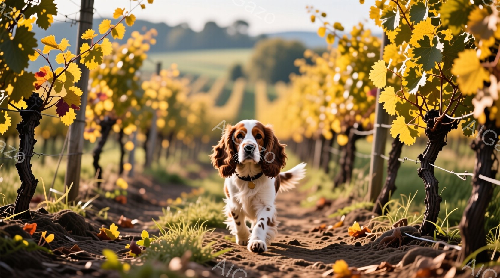鮮やかなオレンジと白の毛並みを持つスパニエル犬が、ブドウ畑の中央をまっすぐ歩いてくる姿が捉えられています。犬は首輪をしており、活発で楽しそうな表情で、背景には秋色のブドウの葉と列状に並んだブドウの木々が広がっています。暖かな日差しが差し込み、秋の穏やかな雰囲気を醸し出しています。