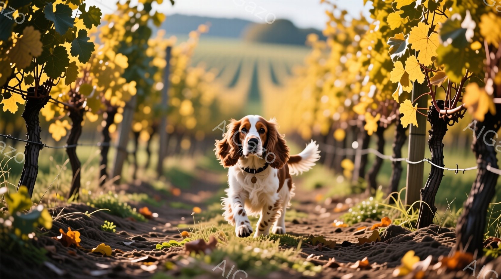 広大なブドウ畑の中を、クリーム色と茶色の美しいコートを持つ犬が、勢いよく駆けている。背景には整然と並んだブドウの木々と、秋らしい黄金色の葉が広がり、犬の動きを際立たせている。暖かく穏やかな日差しが降り注ぎ、秋の日の静けさと犬の活発さが調和した、穏やかな雰囲気が漂っている。