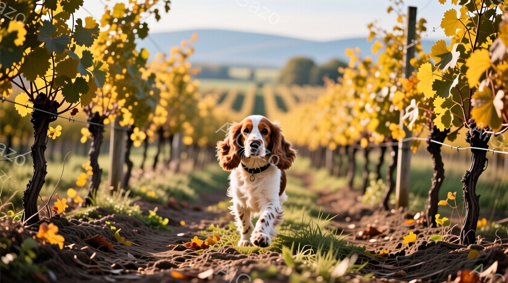 白と茶色のコッカー・スパニエルが、ブドウ畑の間の通路をまっすぐカメラに向かって歩いている。秋のブドウ畑で、葉がオレンジ色や黄色に変わり、地面には落ち葉が広がっている。背景には緑の丘が見え、晴れた空の下、暖かい秋の雰囲気が漂う。